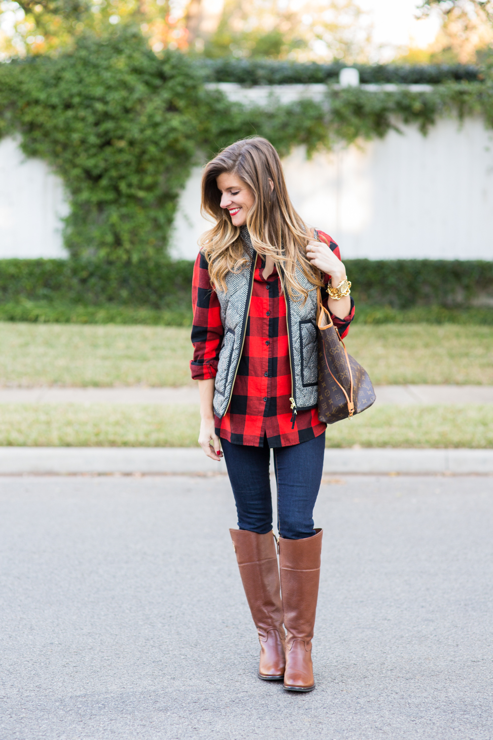 fall outfit idea, tory burch junction riding boots brown, jcrew factory herringbone puffer vest, buffalo plaid, casual fall outfit idea, puffer vest outfit, how to wear riding boots