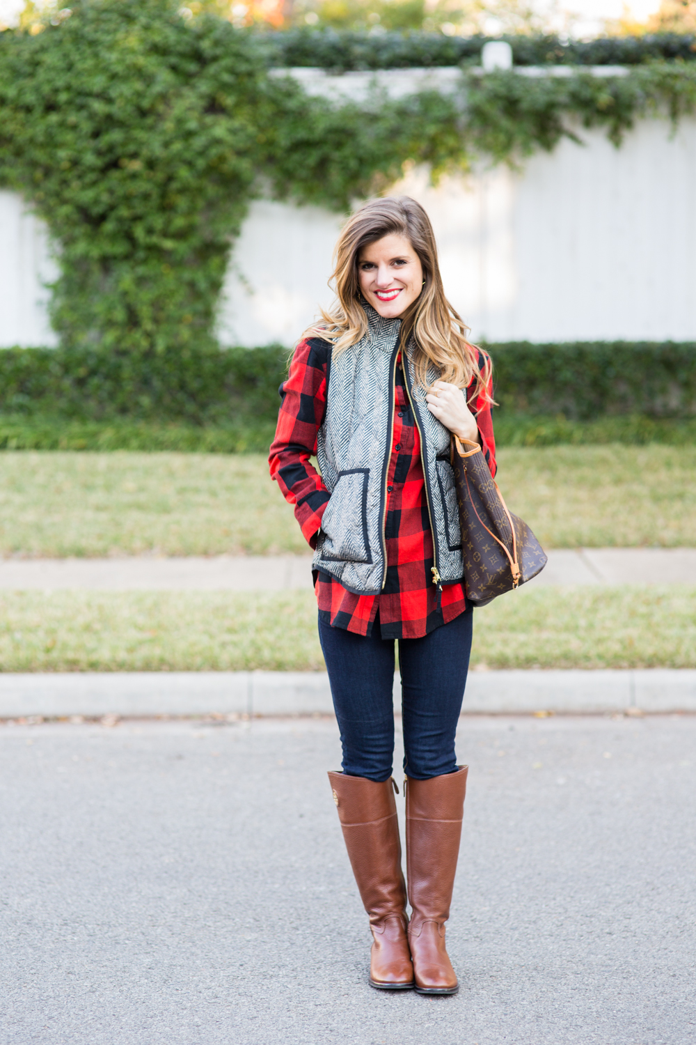 herringbone puffer vest, buffalo plaid, tory burch riding boots, fall outfit 16