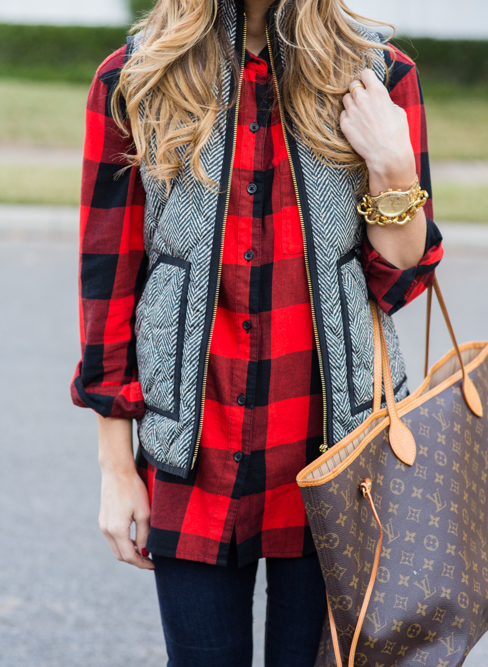 herringbone puffer vest, buffalo plaid, tory burch riding boots, fall outfit