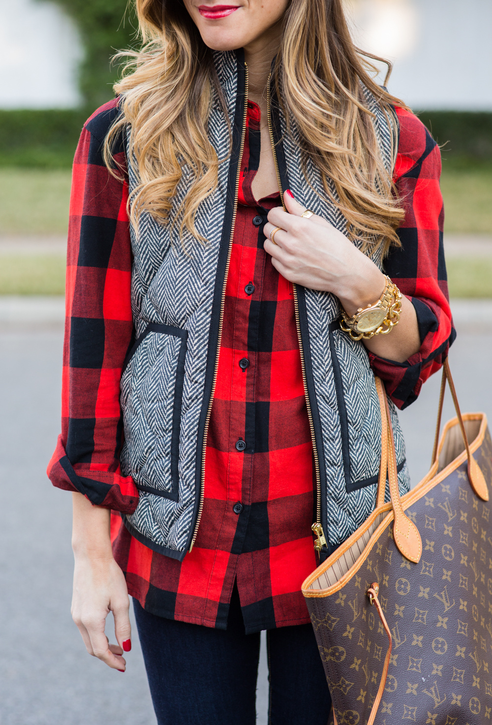 herringbone puffer vest, buffalo plaid, tory burch riding boots, fall outfit 3