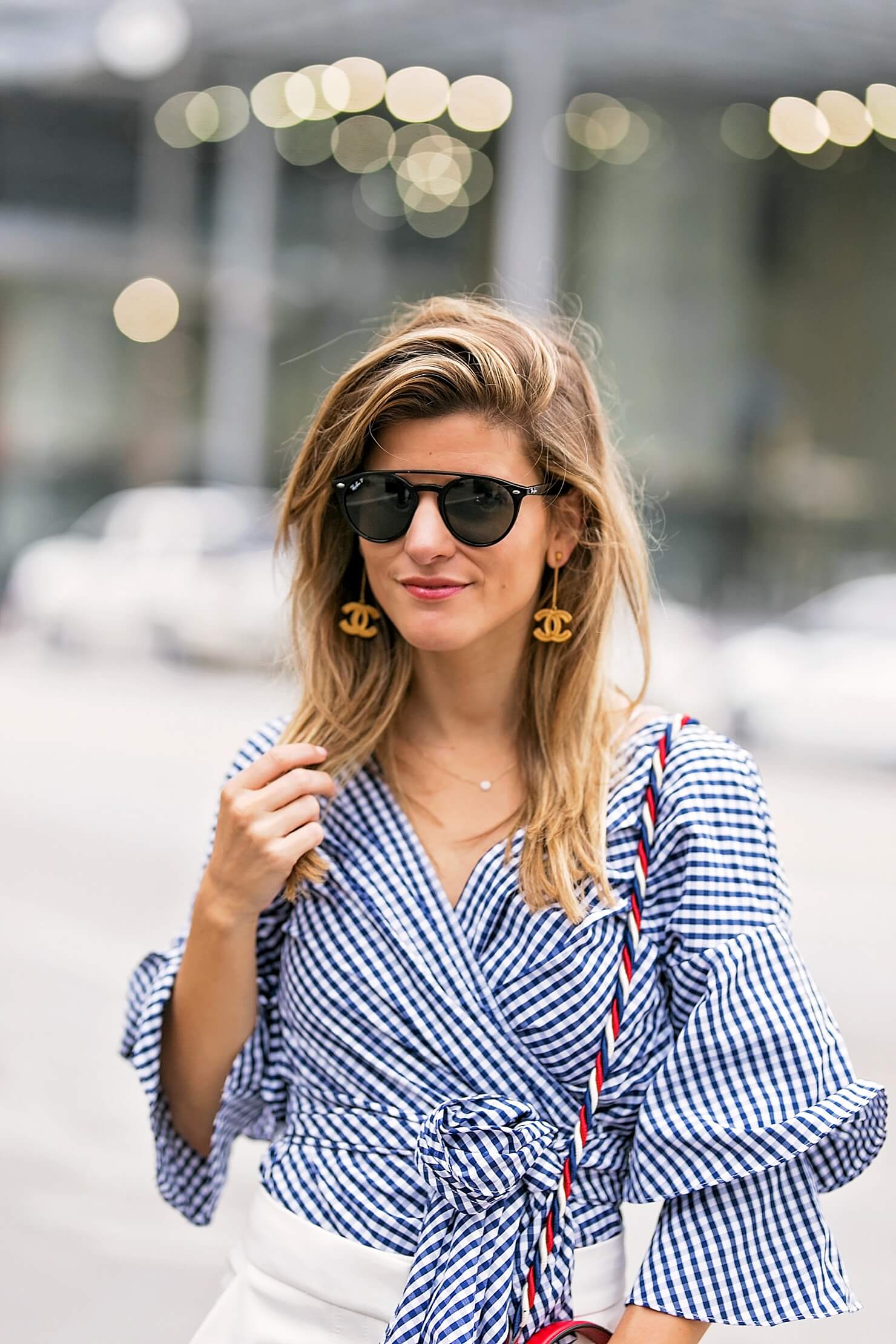 gold drop chanel earrings, gingham wrap top