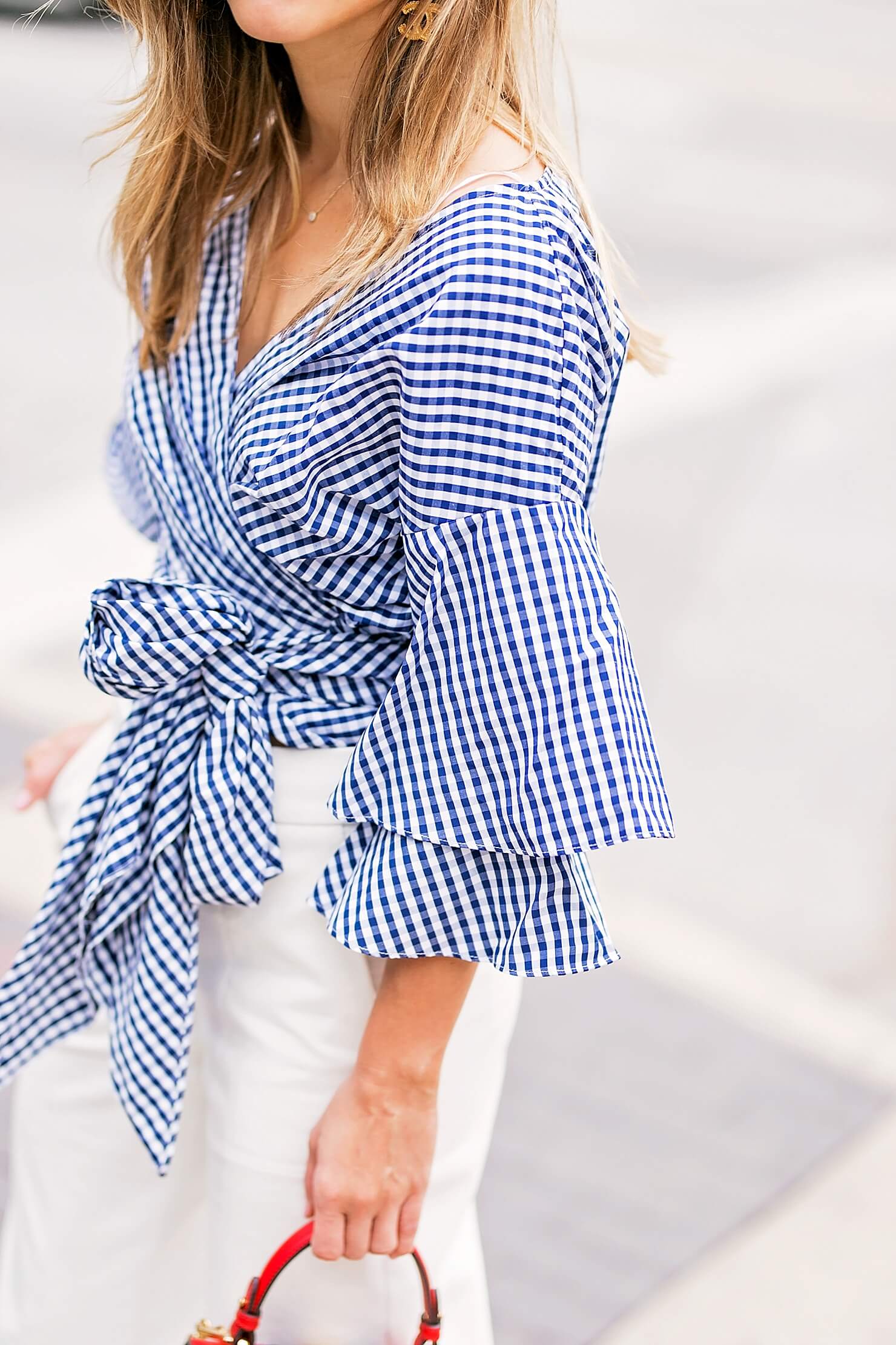 ruffle sleeve gingham wrap top detail