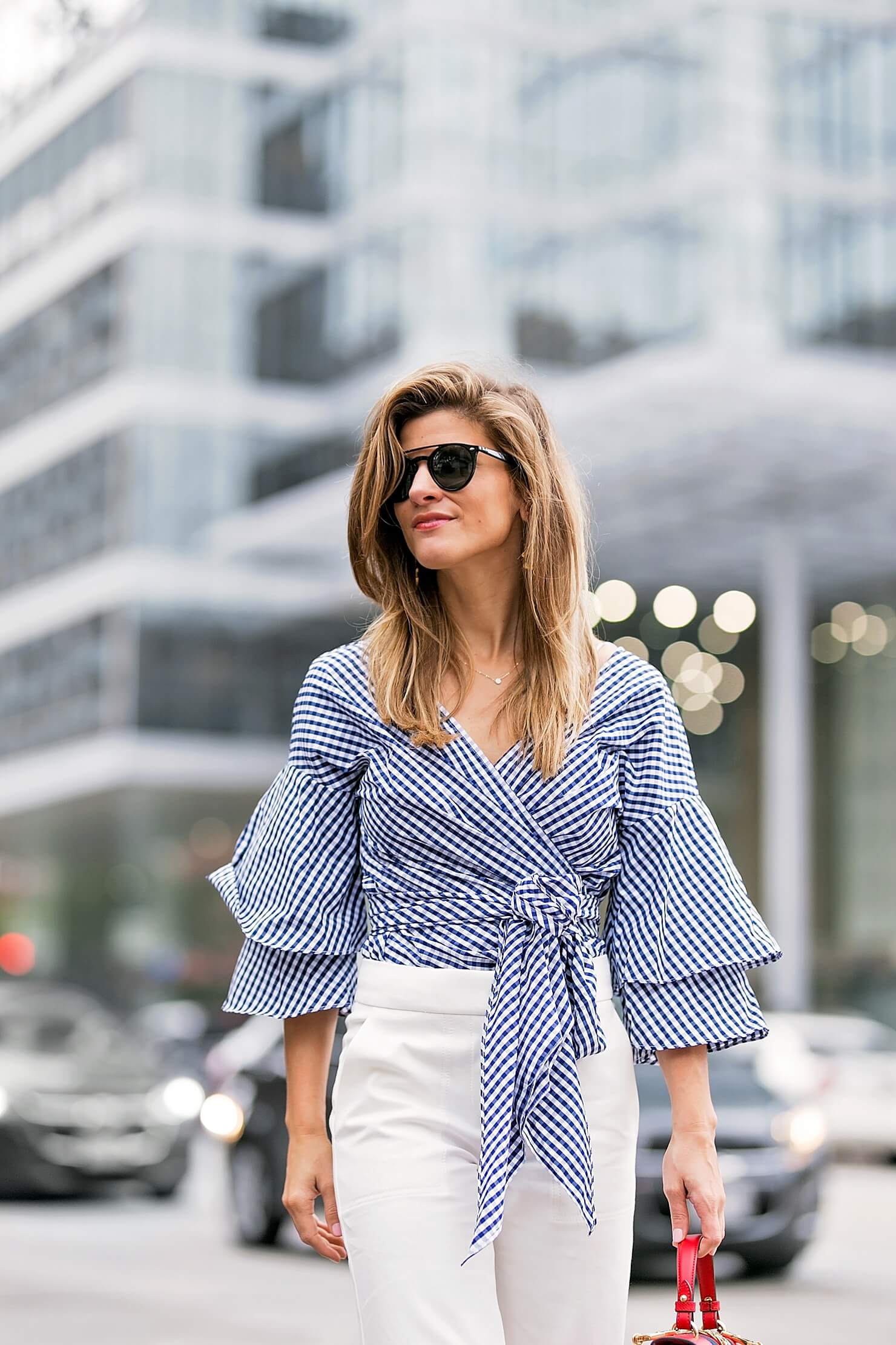 ruffle sleeve gingham wrap top detail