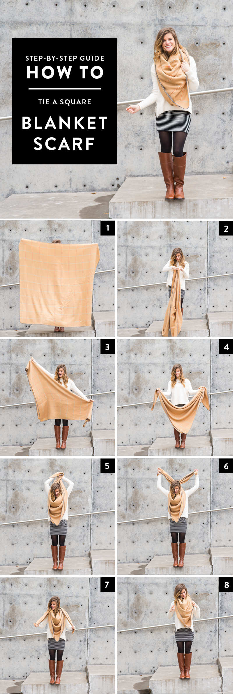 brightontheday giving a step by step picture tutorial on how to tie a square blanket scarf in 8 steps