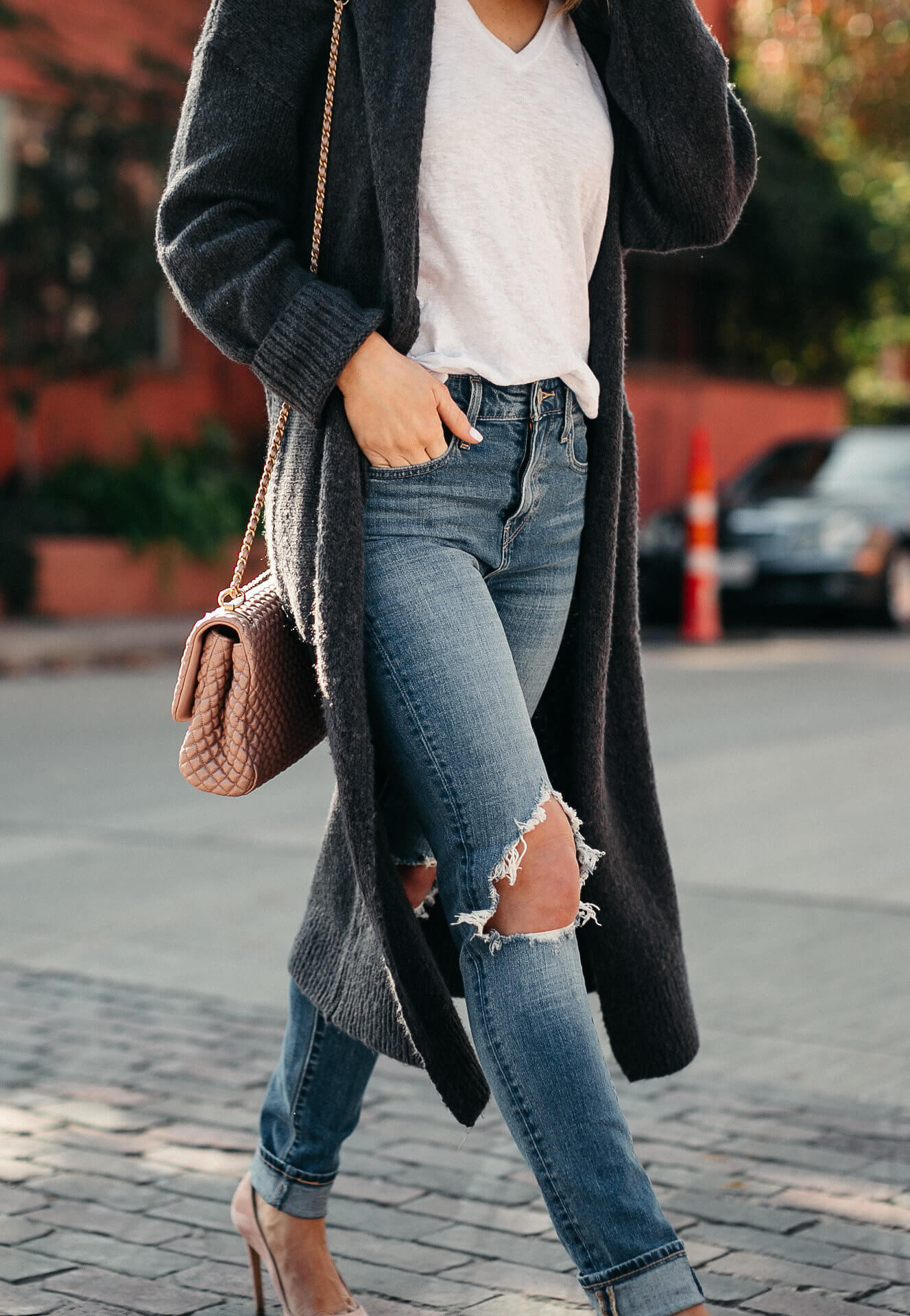 long grey duster outfit levis distressed jeans white tee chanel pink quilted bag 2 - 12