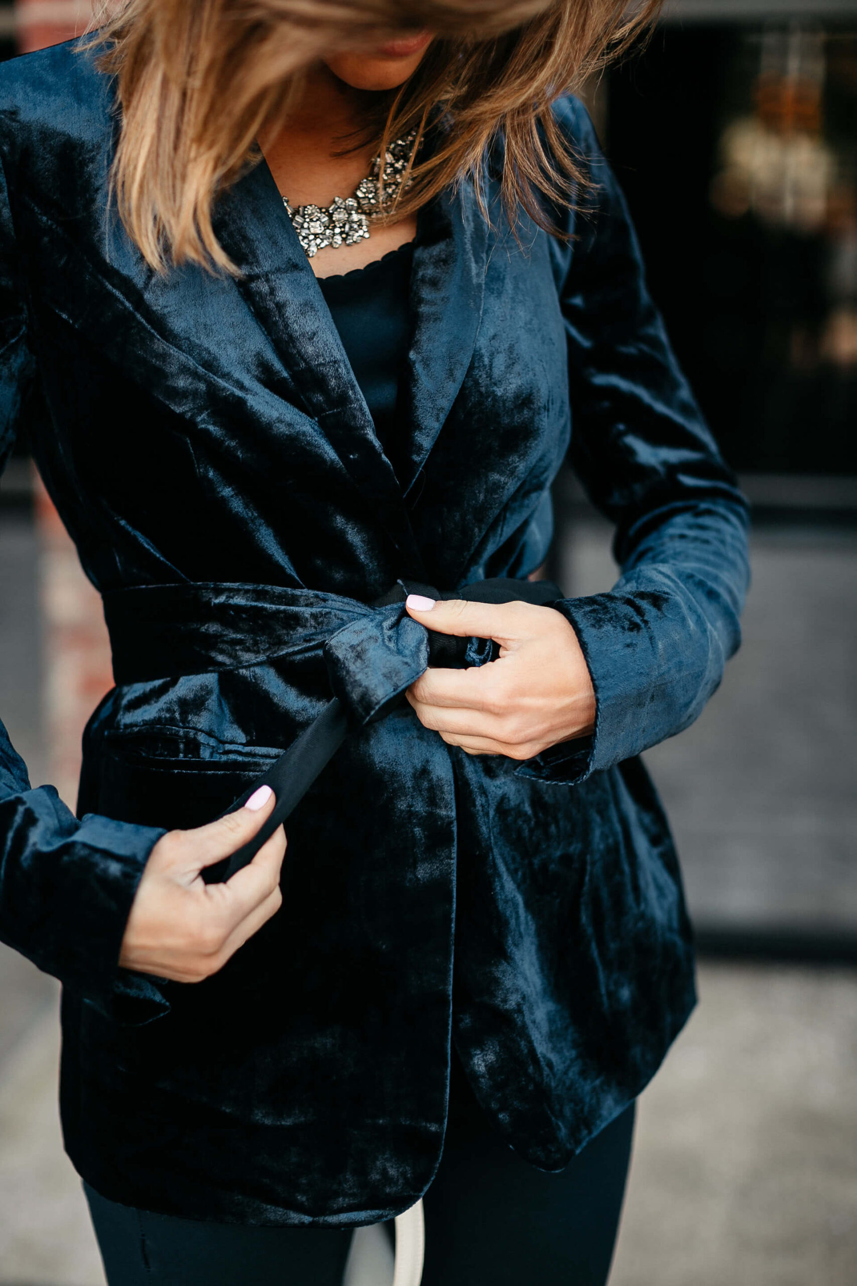 Navy jacket, camisole, blue simone pants, blue velvet pumps, and statement jewelry, dior sunglasses, white furla bag 