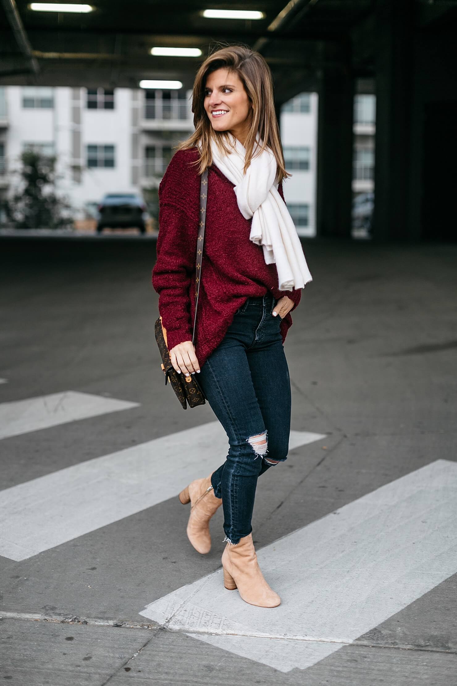 burgundy sweater, skinny jeans, white scarf and brown booties