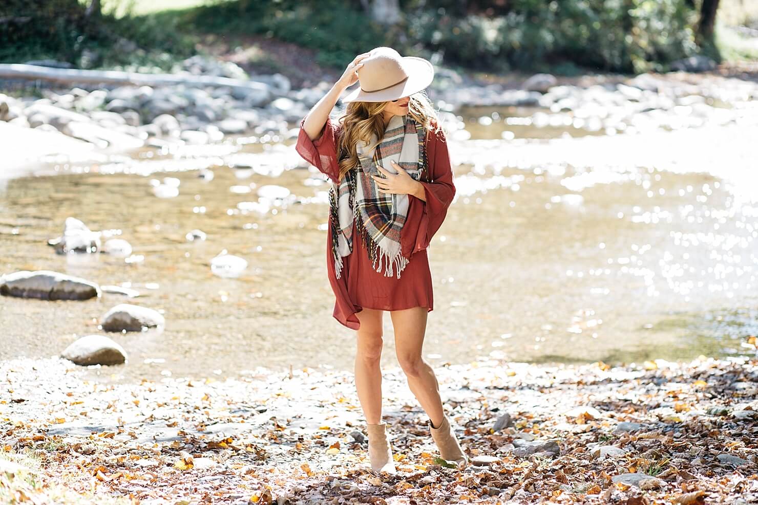 Casual fall outfit, fall dress with booties, lush bell sleeve dress with booties and plaid blanket scarf, floppy hat, dress and booties fall outfit