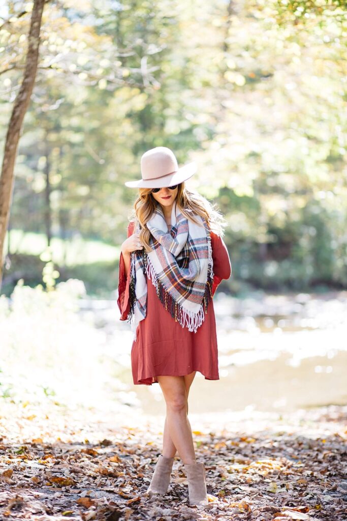 Casual fall outfit, fall dress with booties, lush bell sleeve dress with booties and plaid blanket scarf, floppy hat, dress and booties fall outfit