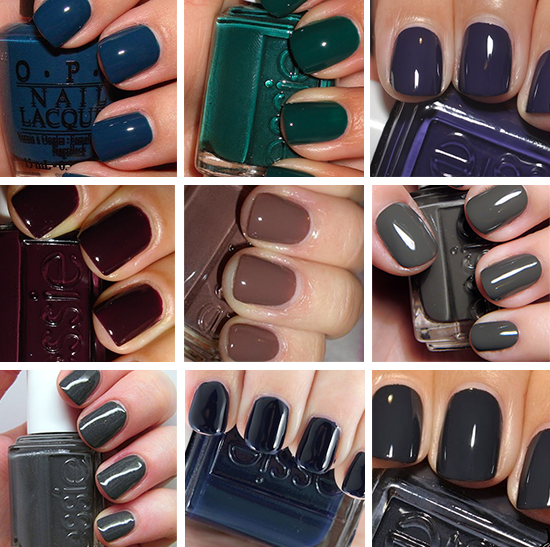 OPI Ski Teal You Drop // Essie Going Incognito // Essie No More Film Essie Carry On // Essie Hot Cocoa // Essie Power Clutch Essie Cashmere Bathrobe // Essie Bobbing for Baubles // Essie After School Blazer