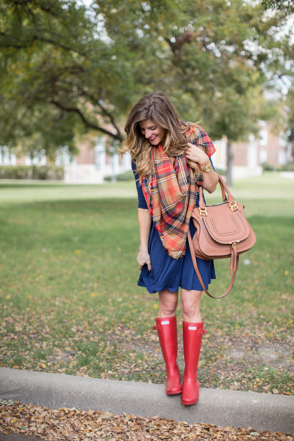 navy swing dress and blanket scarf and hunter boots rainy day outfit