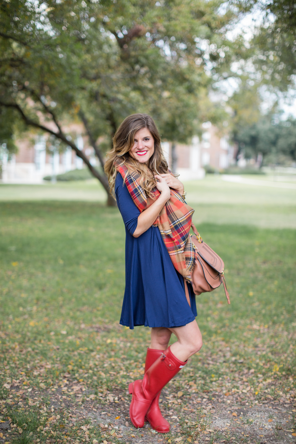 navy swing dress and blanket scarf and hunter boots rainy day outfit