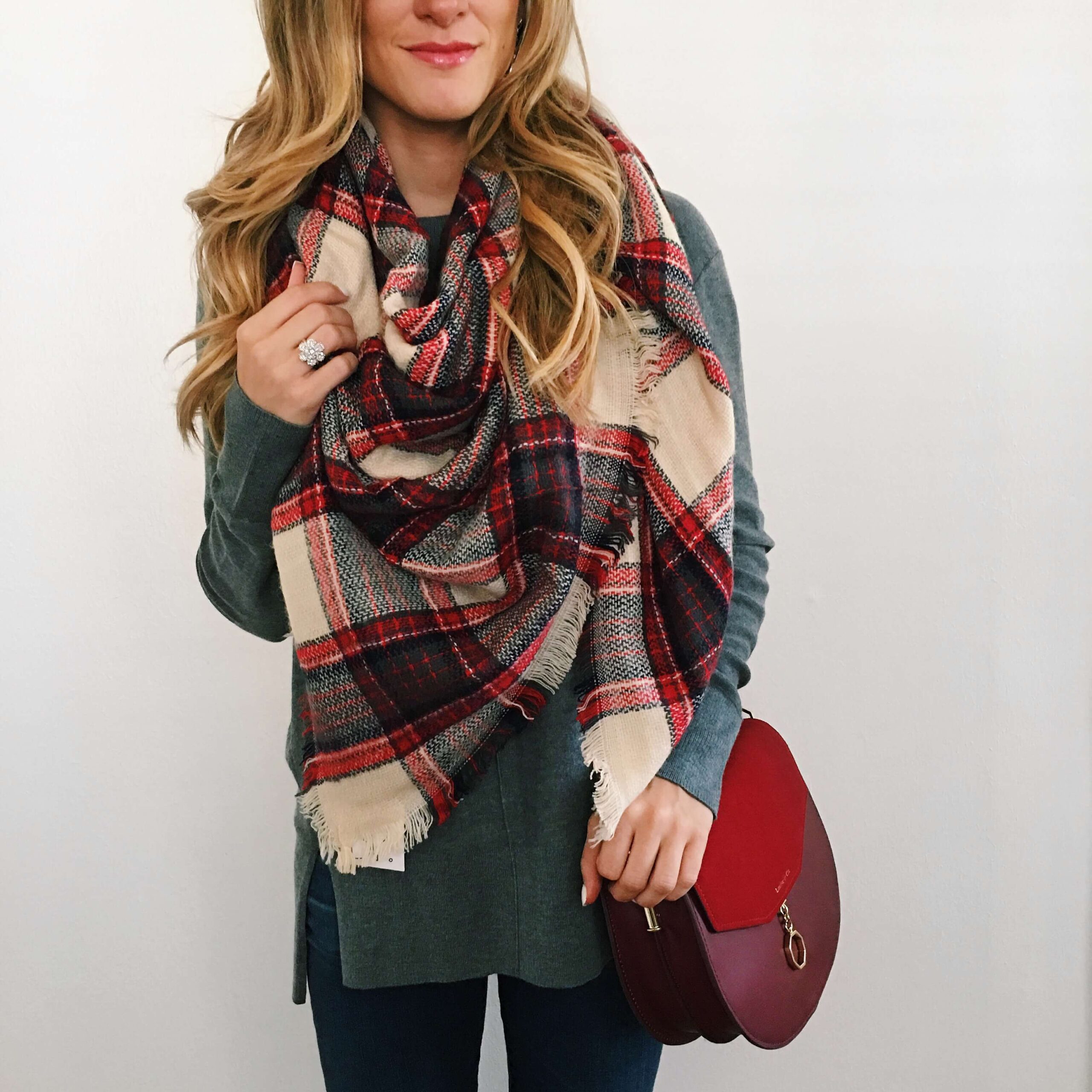 Nordstrom Anniversary Sale Find: Side Slit sweater + Red Cross Body Bag + Plaid Blanket Scarf