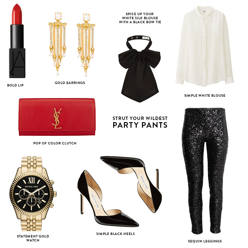 new years eve outfit ideas with sequin party pants and a black bow tie