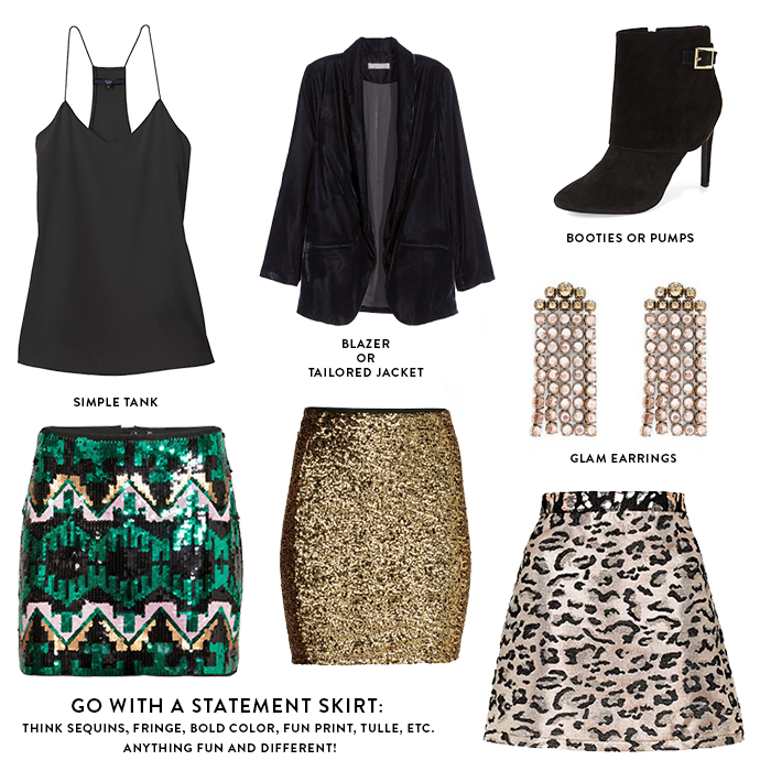 new years eve party outfit with statement skirt and simple black tank