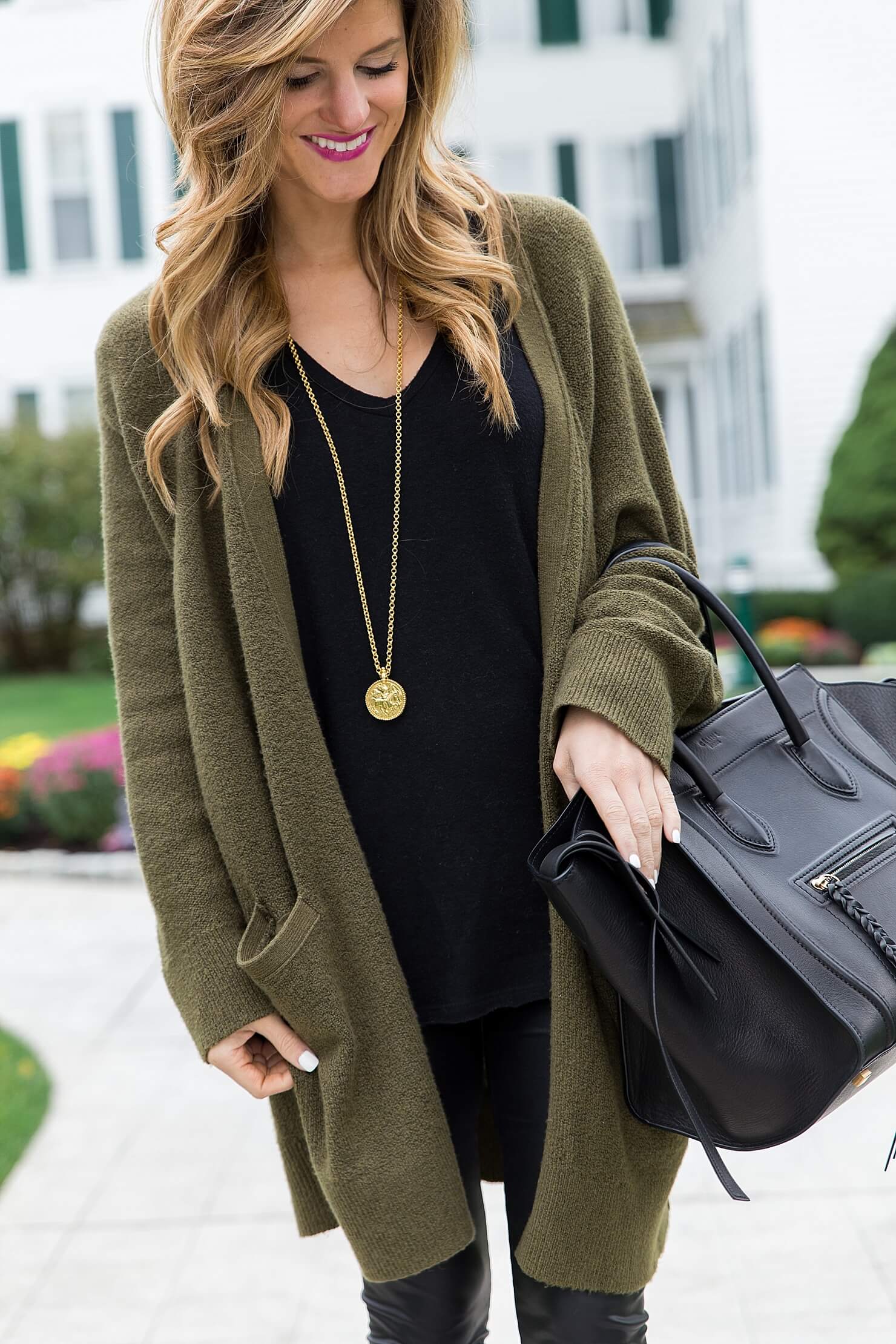 all black outfit, black on black winter look, black sweater, julie vos gold pendant, black celine phantom tote