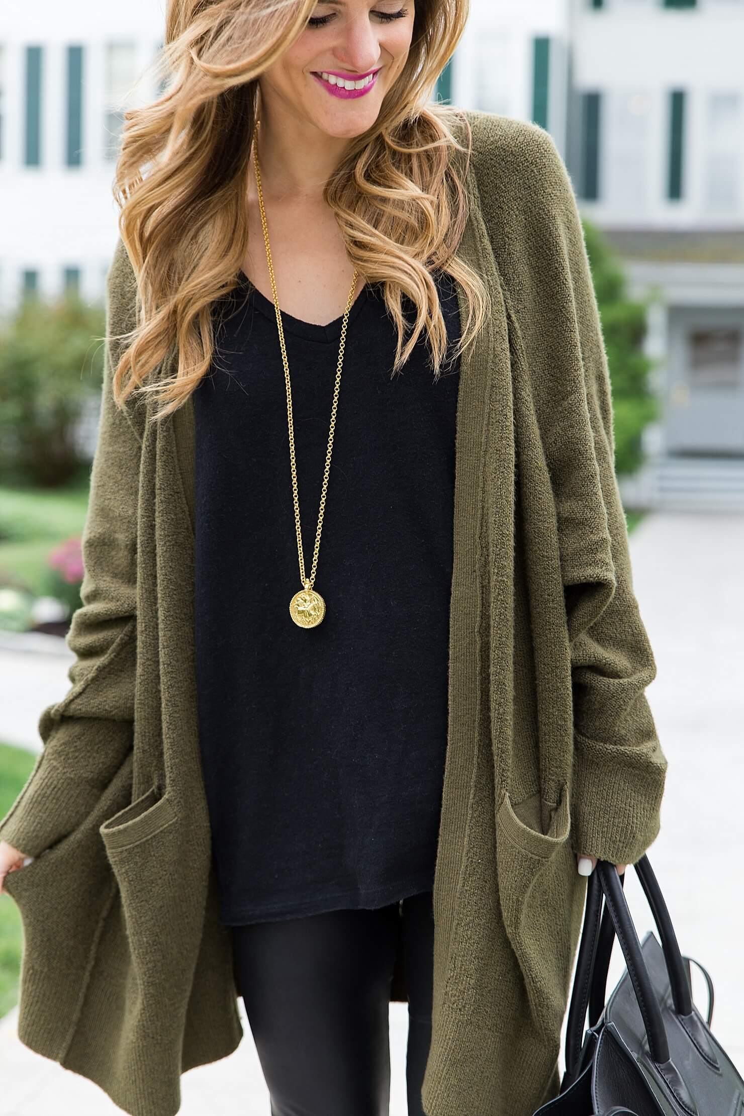 all black outfit, black on black winter look, black sweater, julie vos gold pendant, black celine phantom tote