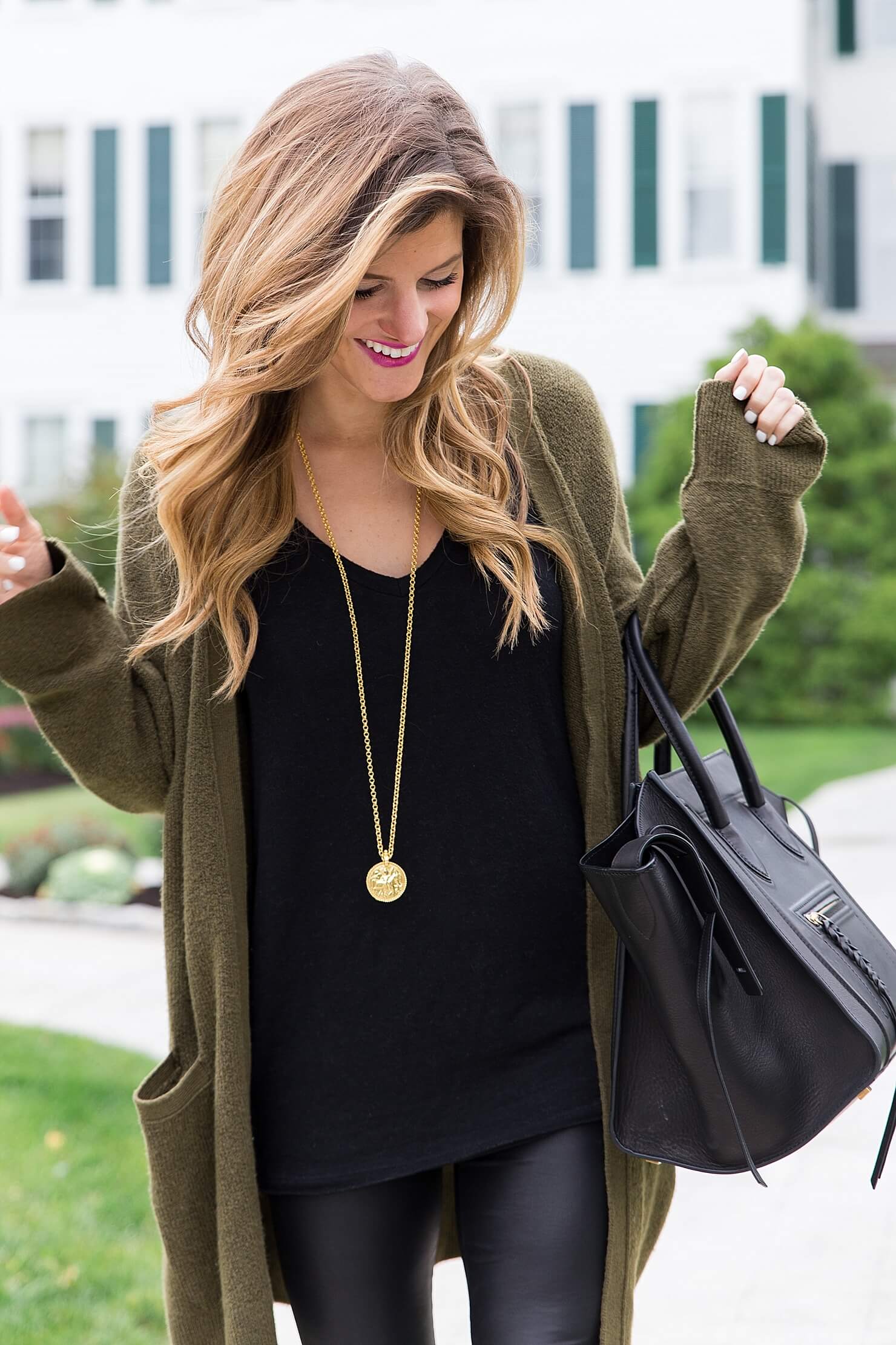 all black outfit, black on black winter look, black sweater, julie vos gold pendant, black celine phantom tote