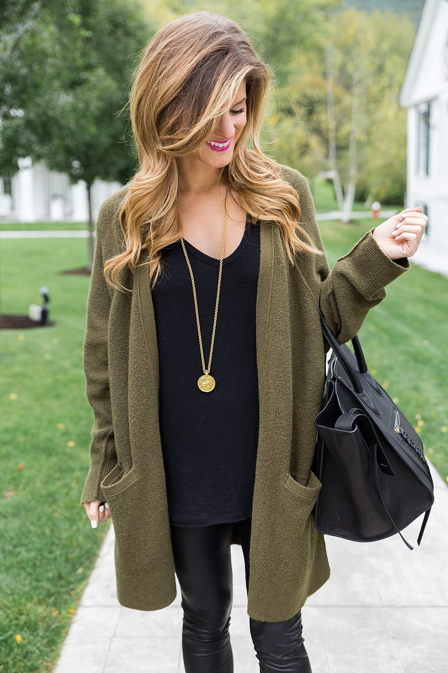 all black outfit, black on black winter look, black sweater, julie vos gold pendant, black celine phantom tote