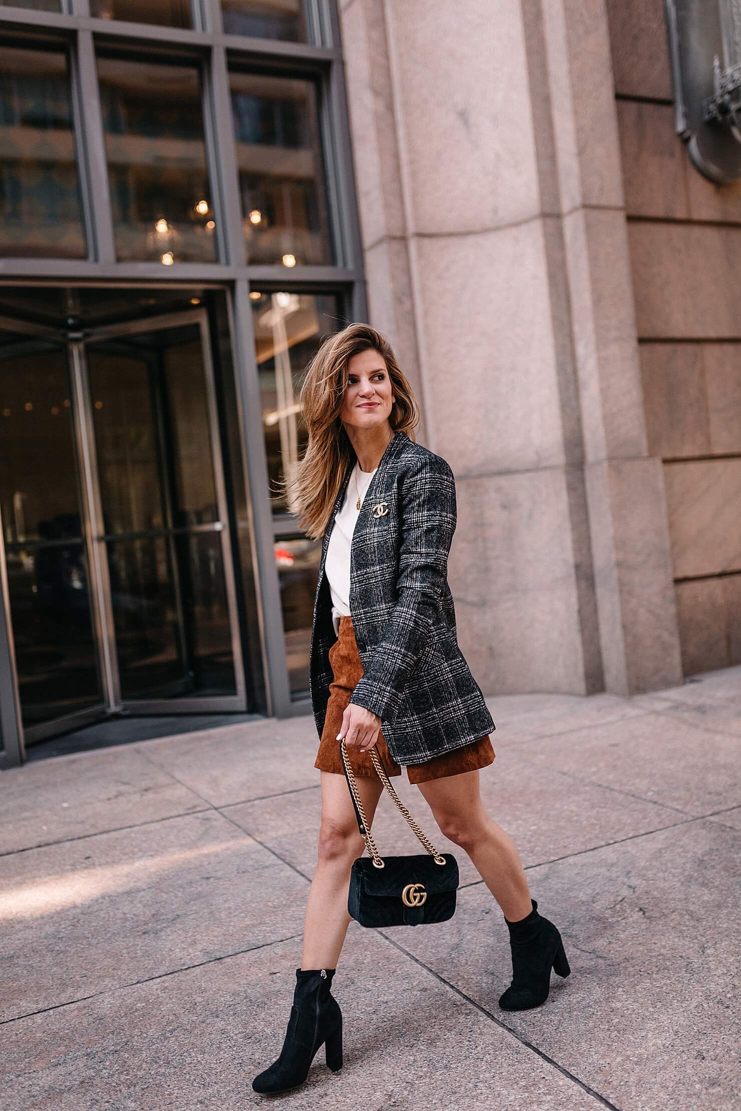 plaid blazer fall trend outfit with suede skirt and black booties