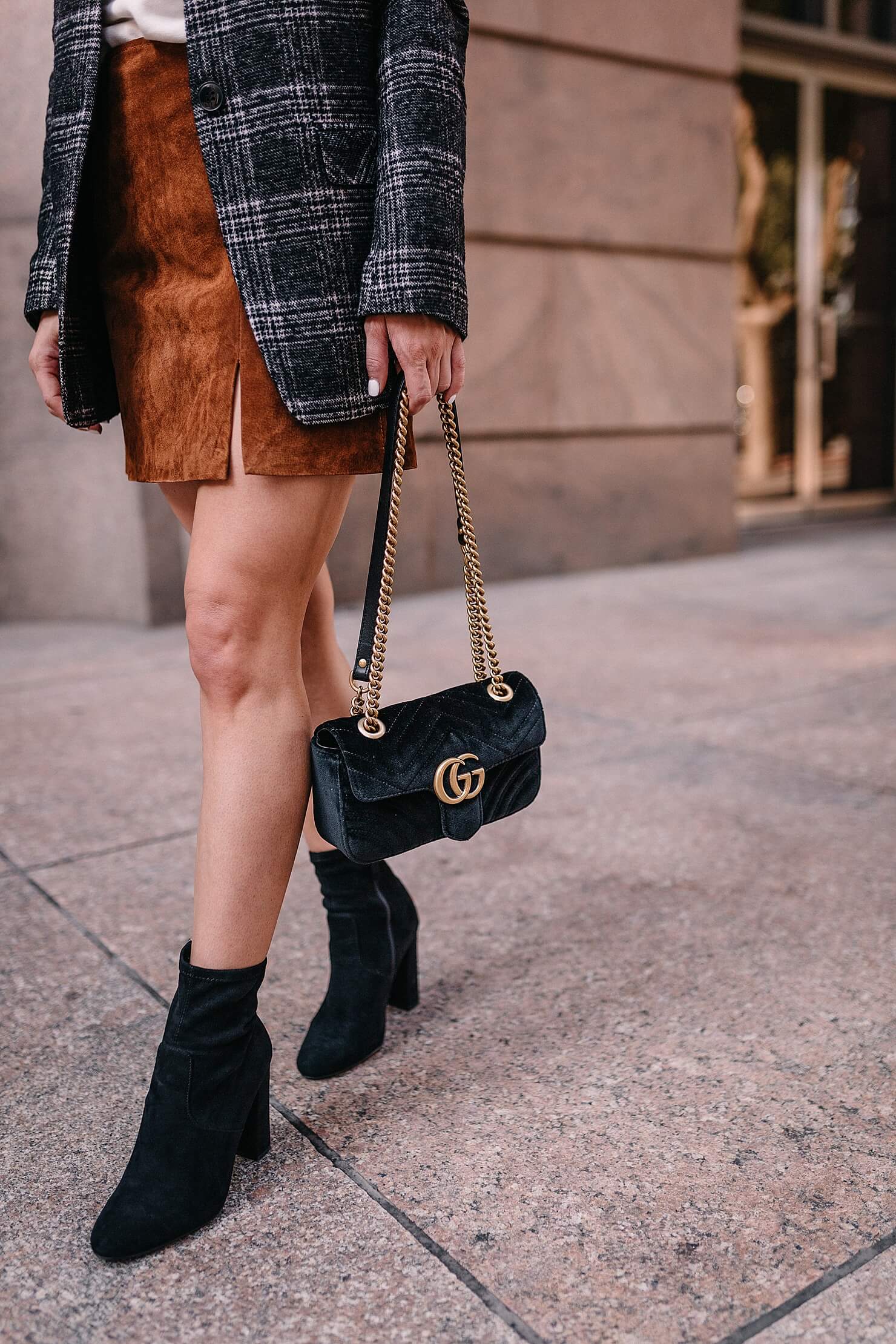 brown suede skirt, black sock booties, gucci black marmont bag