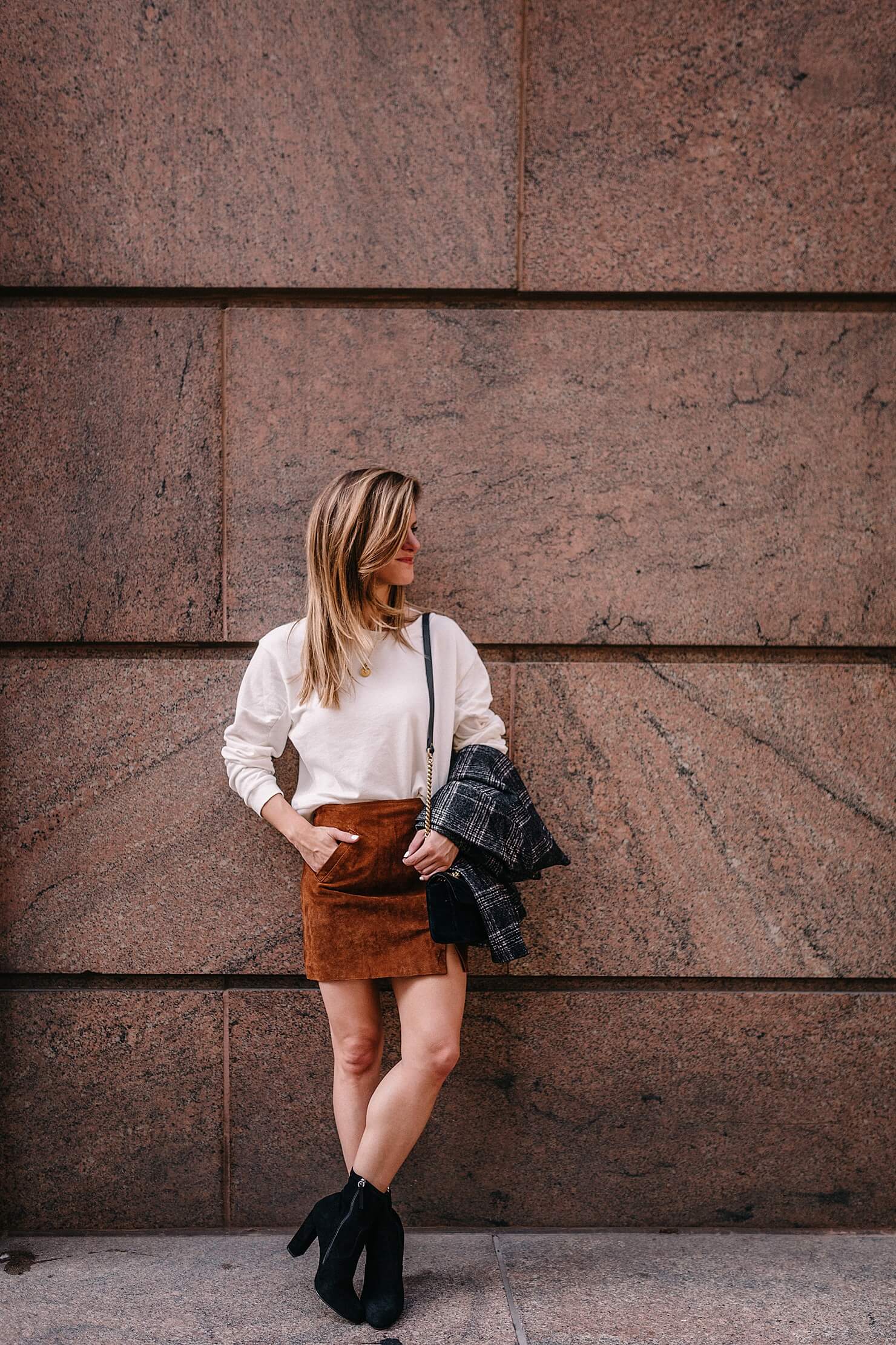 BP cream sweatshirt, brown suede skirt, black sock booties