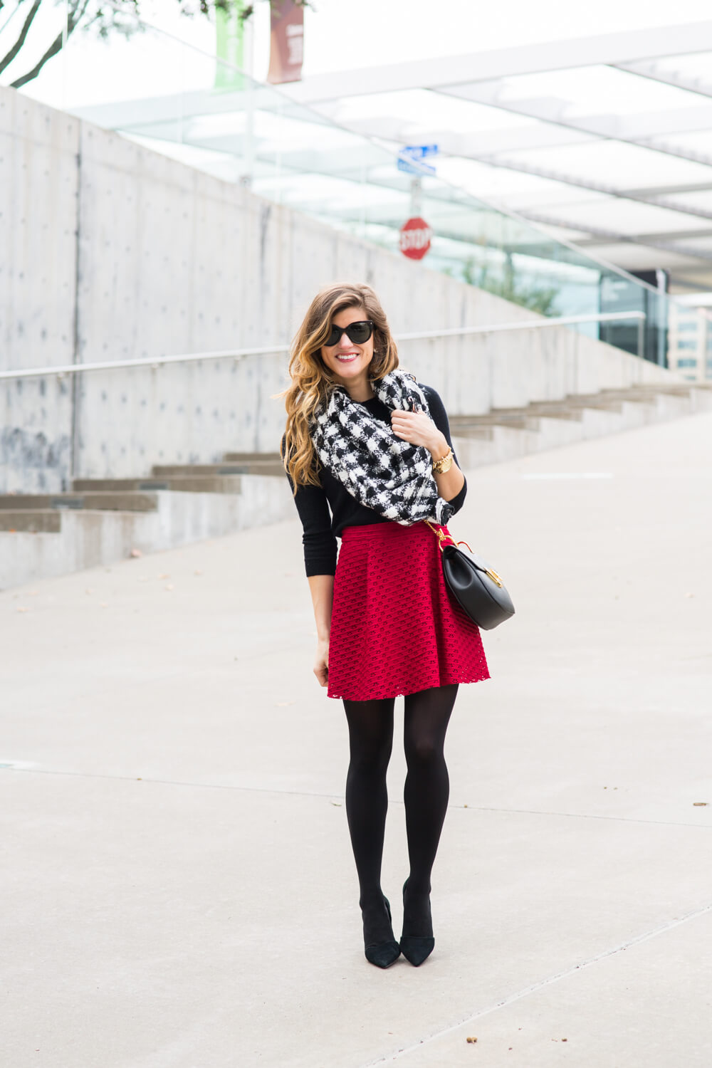 red skater skirt with tights winter date night outfit