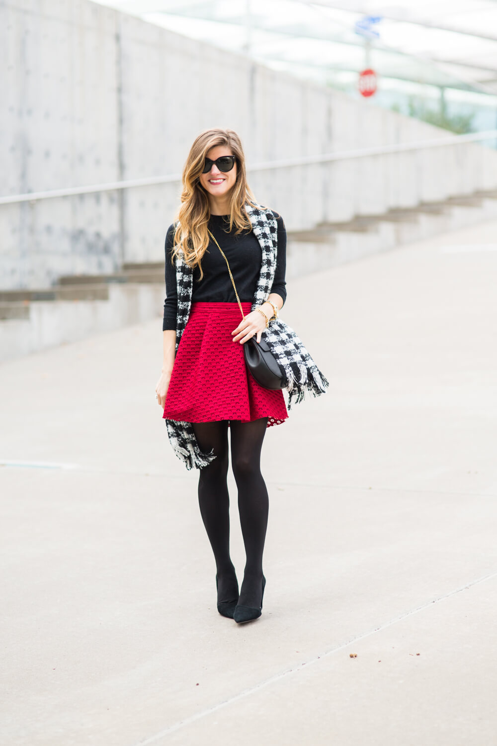 red skater skirt with tights winter date night outfit