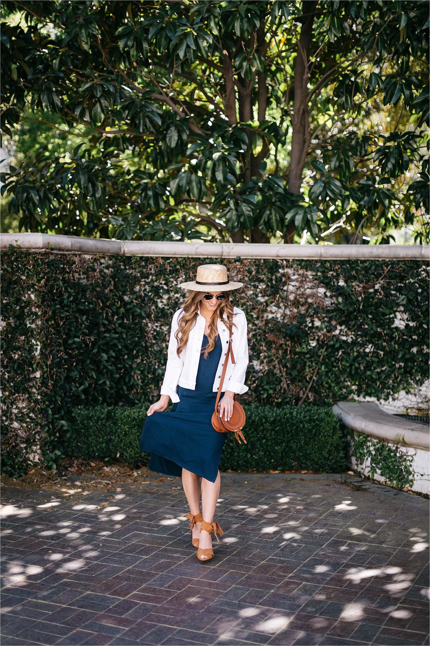 how to style a slip dress, boater hat, chloe drew bag, spring outfit