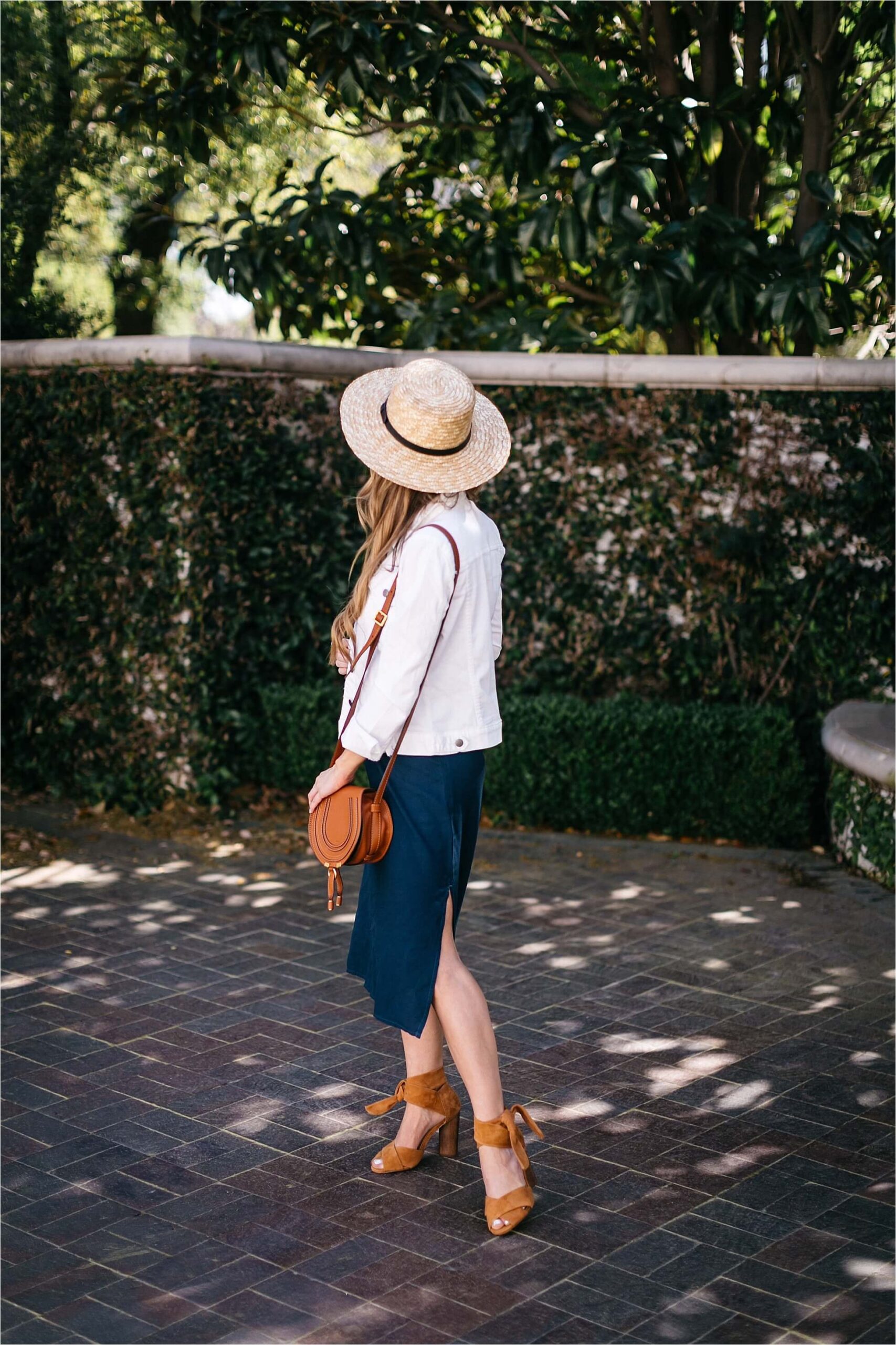 how to style a slip dress, splendid navy midi slip dress, cognac suede shoes, boater hat, chloe drew bag, spring outfit