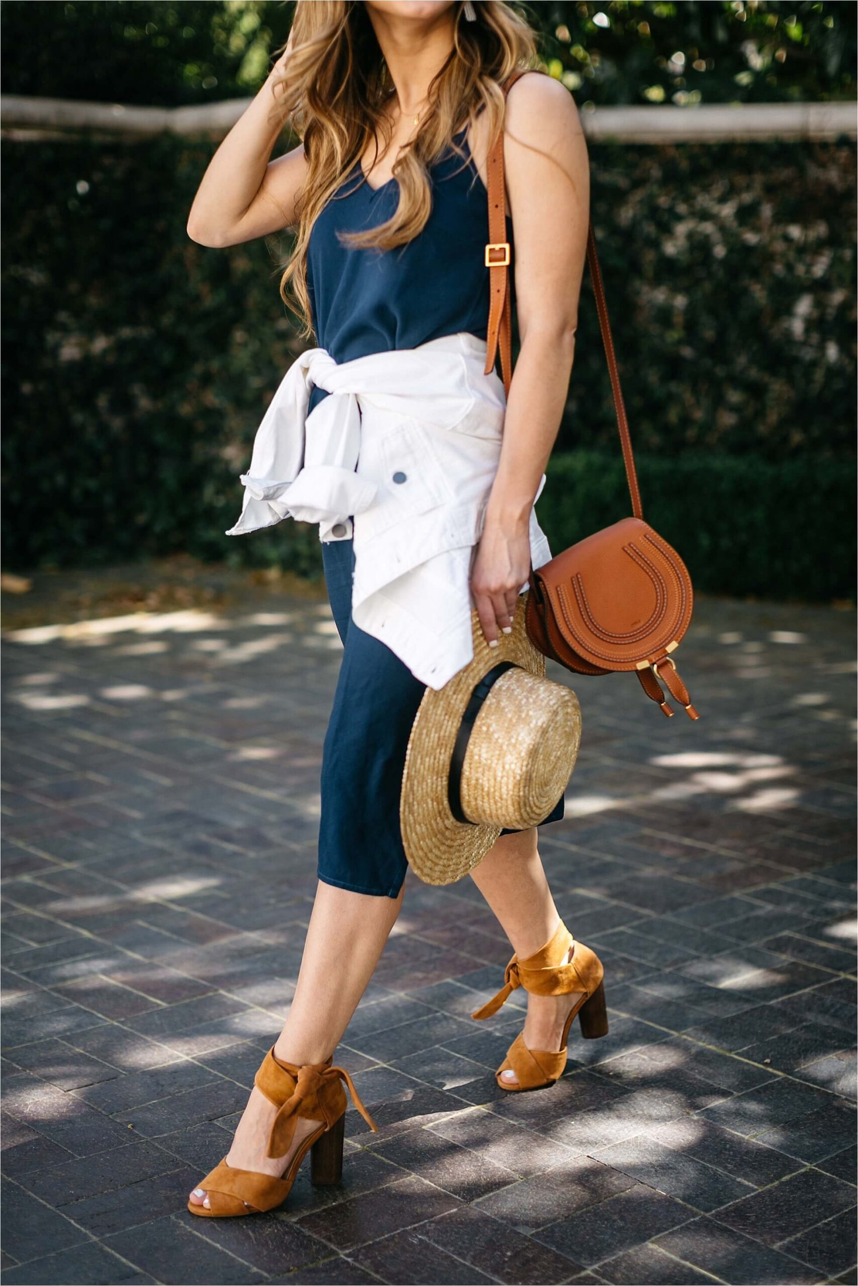 how to style a slip dress, splendid navy midi slip dress, cognac suede shoes, boater hat, chloe drew bag, spring outfit