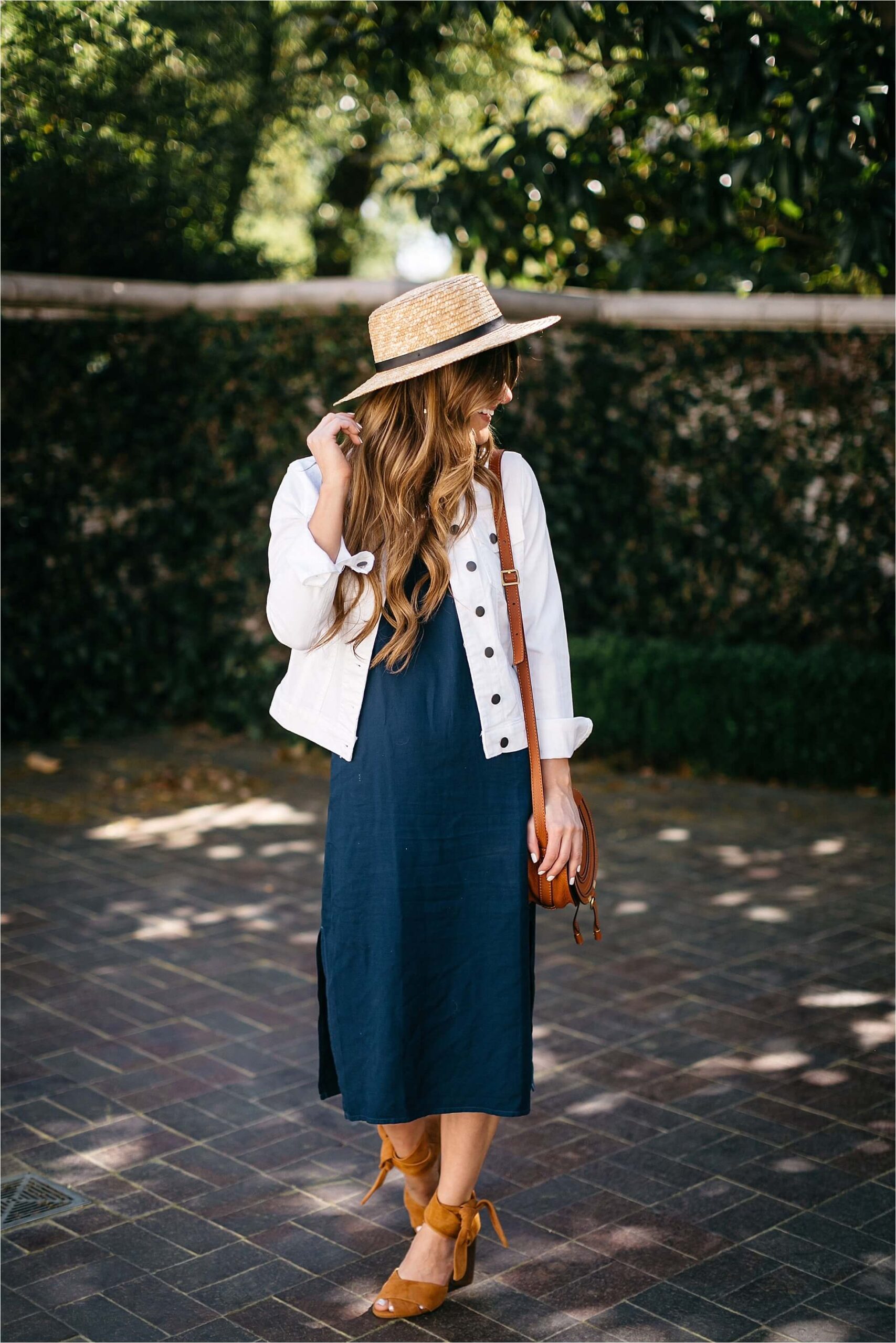 how to style a slip dress, splendid navy midi slip dress, cognac suede shoes, boater hat, chloe drew bag, spring outfit