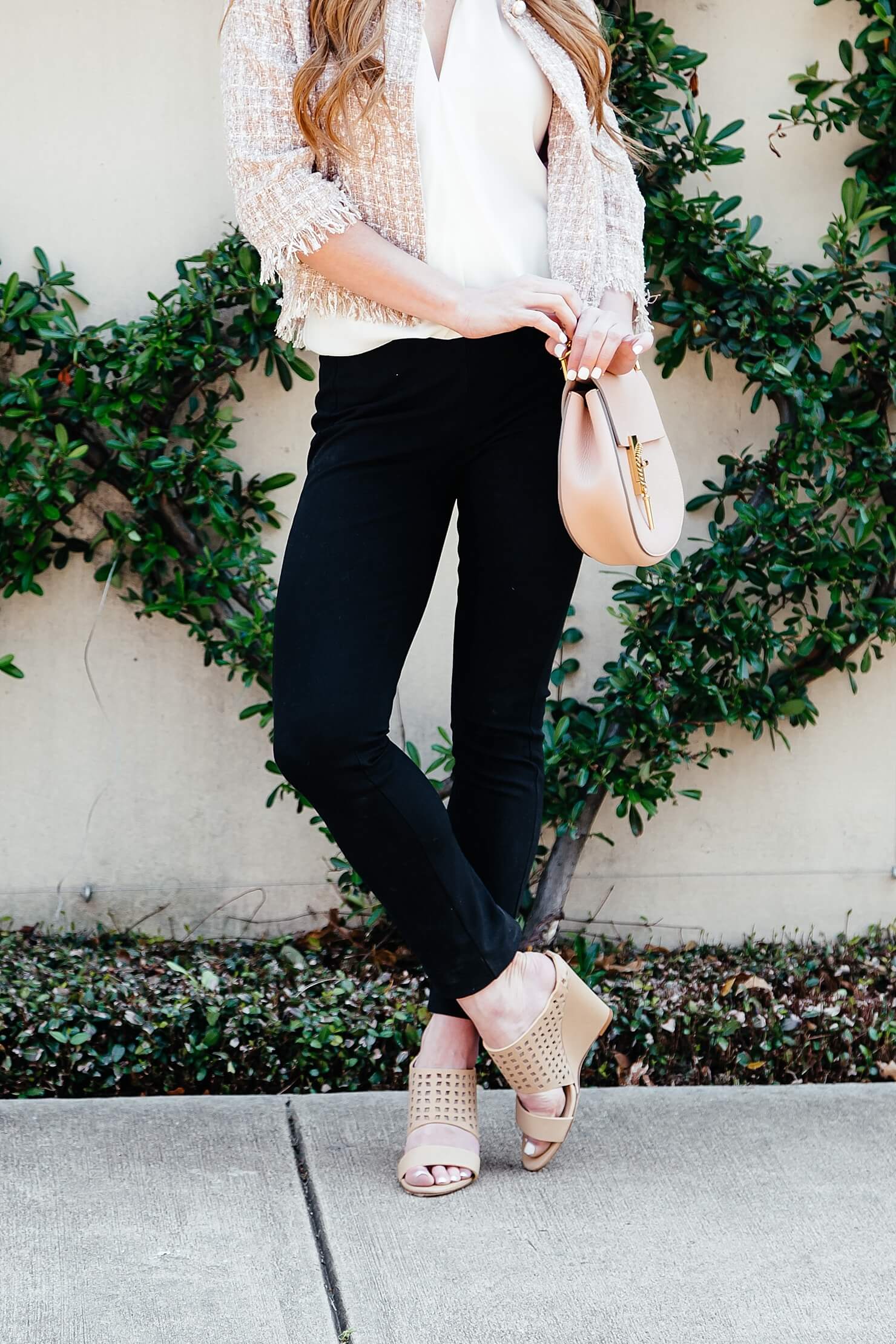 spring business casual outfit black pants, chloe pink drew bag, tweed jacket, ramy brook silk top