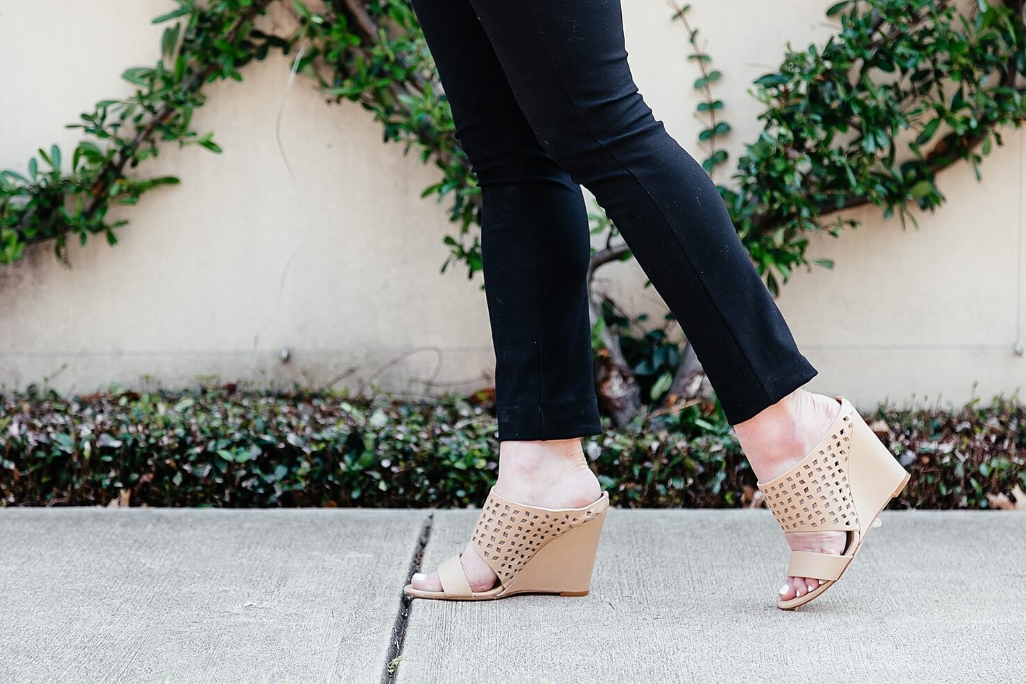 spring wedge, perforated leather, dee keller willow wedge, nude mule