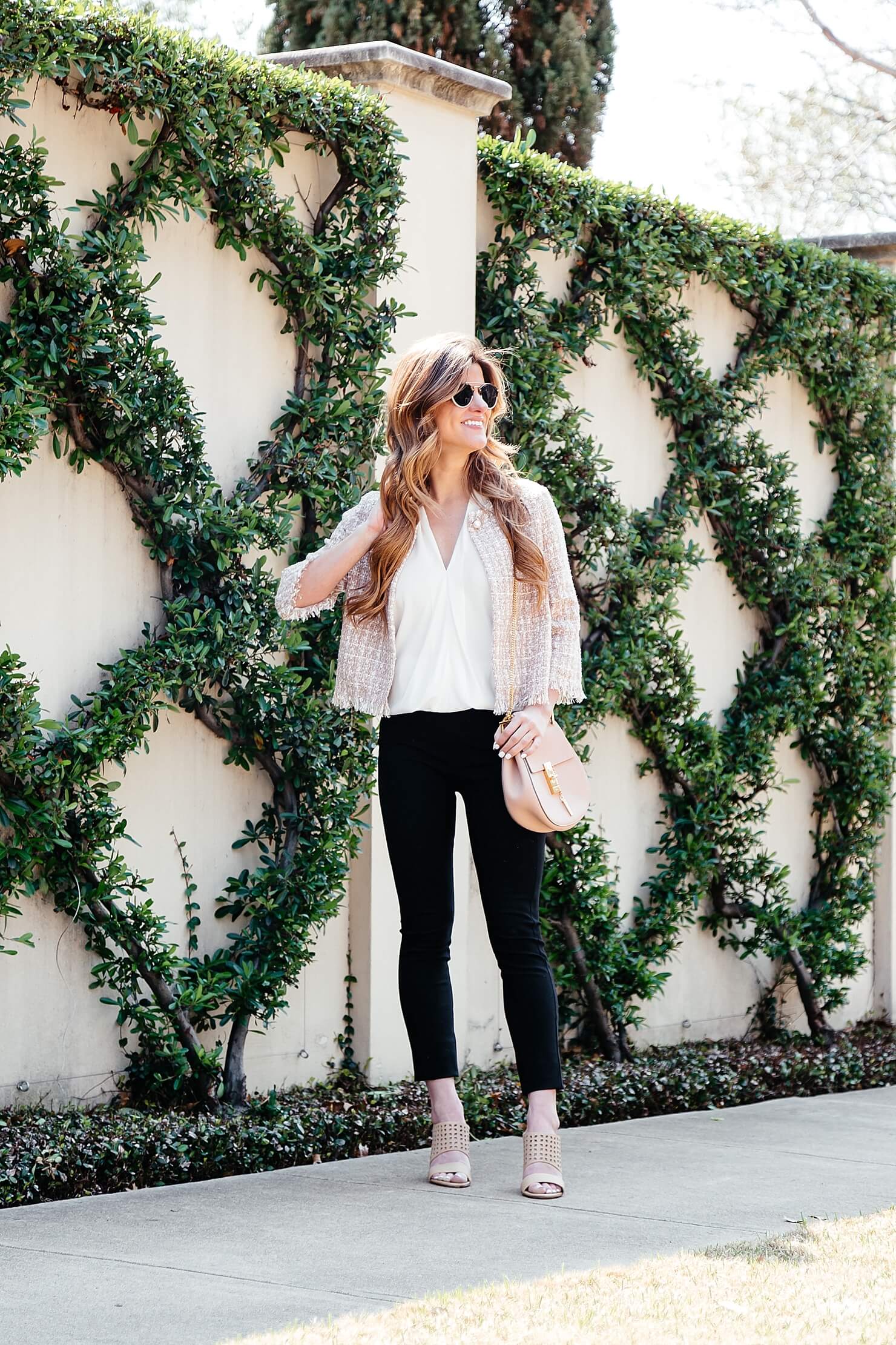 spring business casual outfit black pants, silk ramy brook robi sleeveless top, chloe drew bag, rag & bone black pant