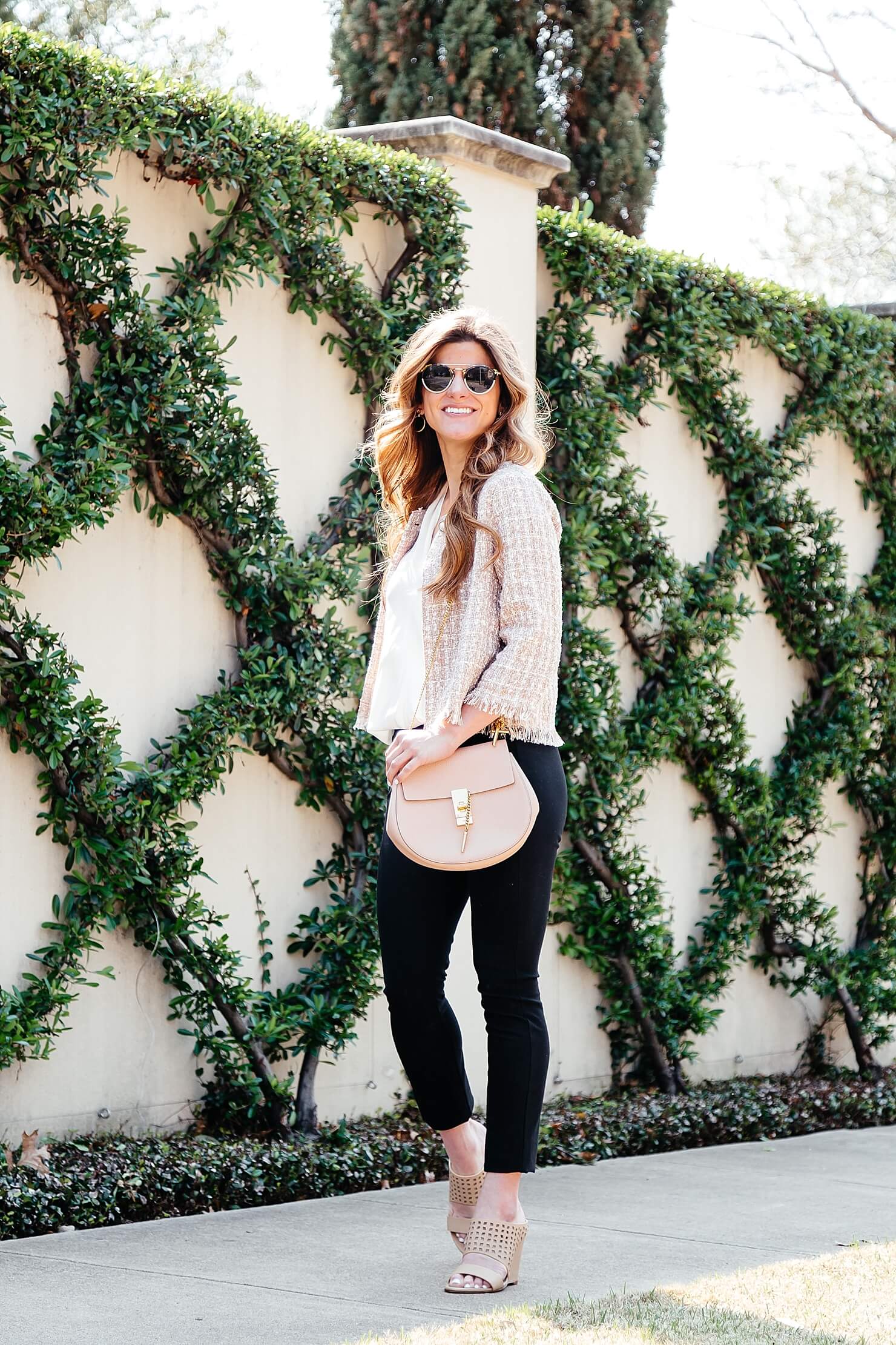 spring business casual outfit black pants, silk ramy brook robi sleeveless top, chloe drew bag, rag & bone black pant