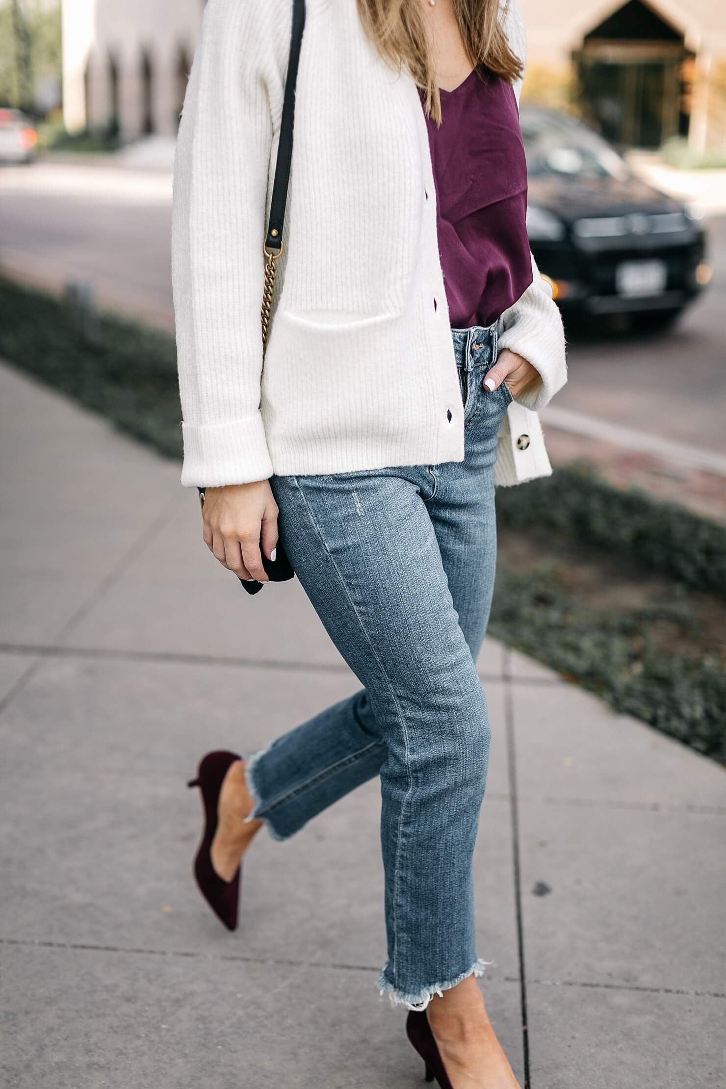 camisole tank, cream cardigan, girlfriend jeans and kitten heels with gucci bag