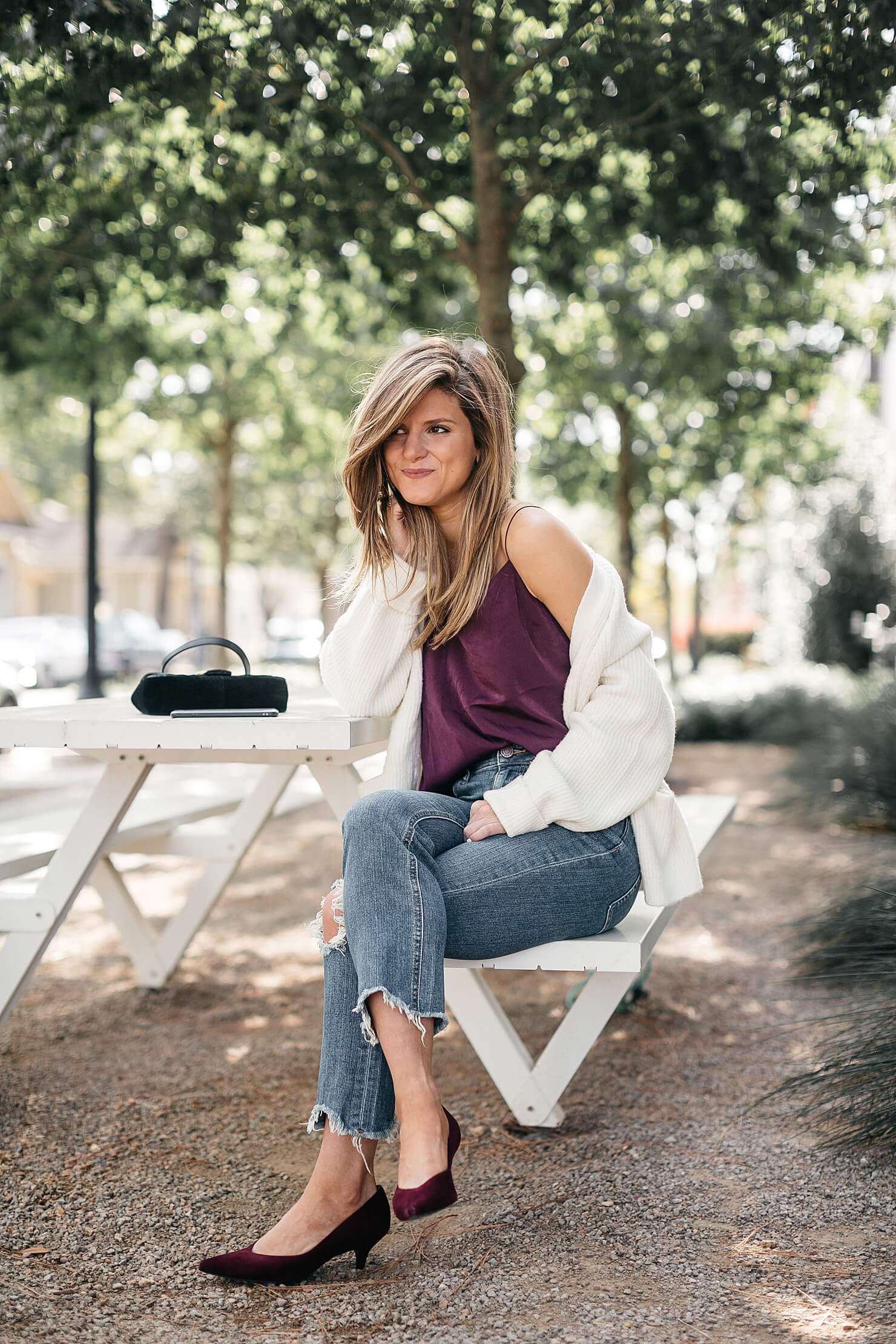 camisole tank, cream cardigan, girlfriend jeans and kitten heels with gucci bag