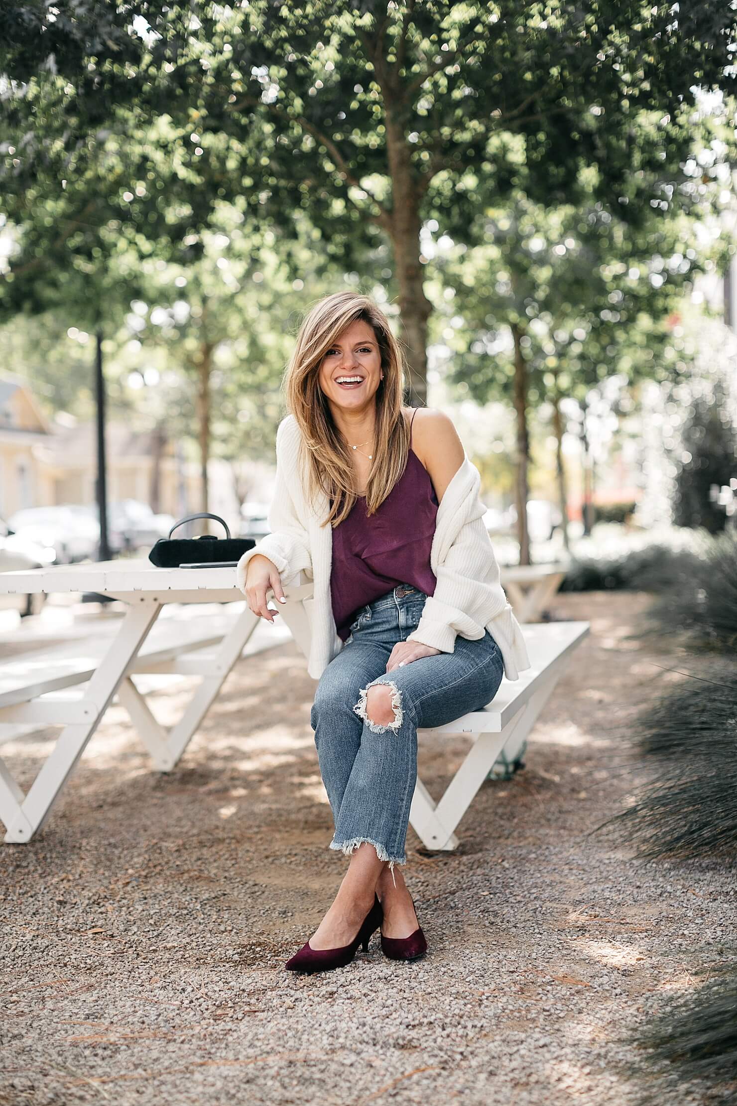 camisole tank, cream cardigan, girlfriend jeans and kitten heels with gucci bag