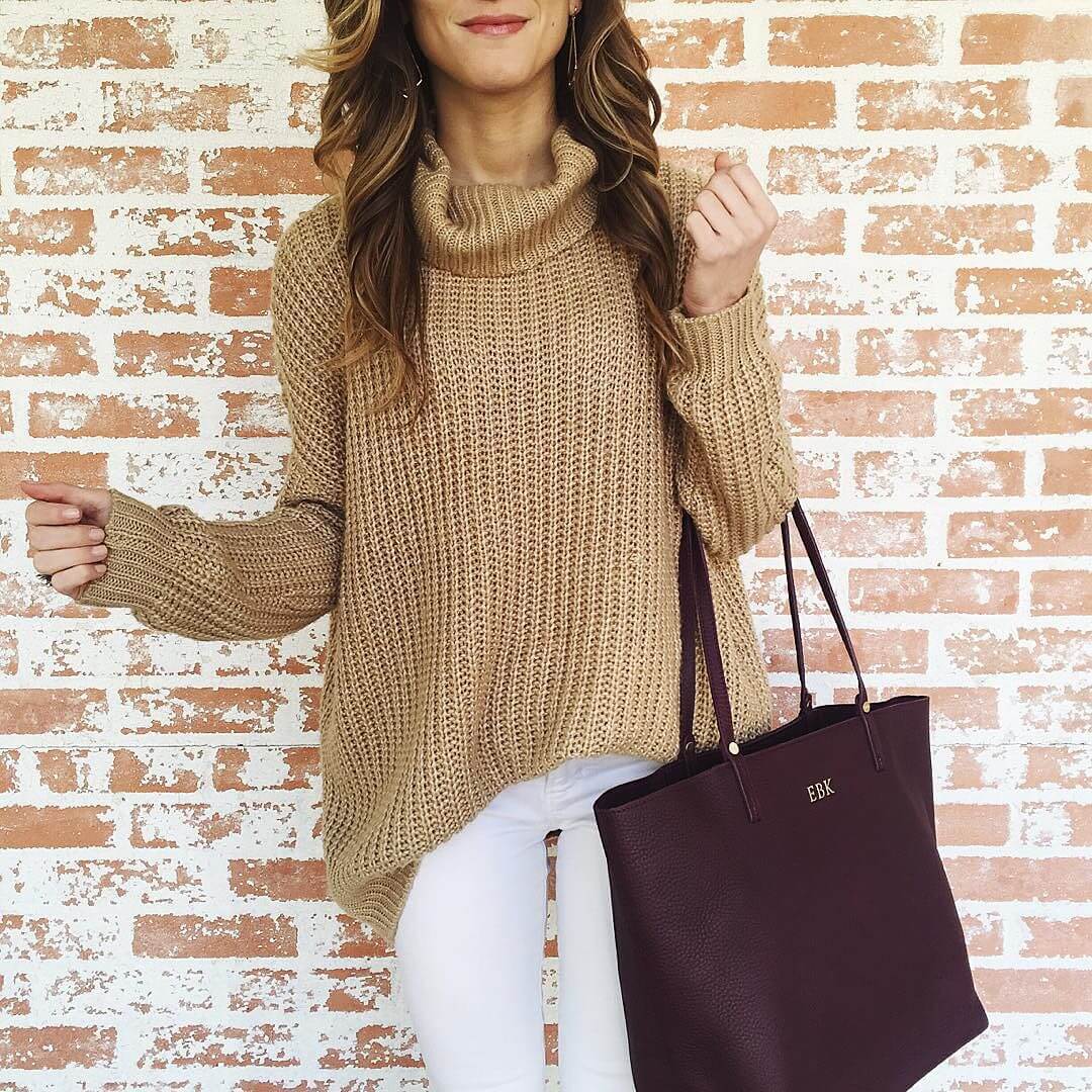 tan turtleneck sweater, white jeans, burgundy gigi new york tote, brightonkeller instagram