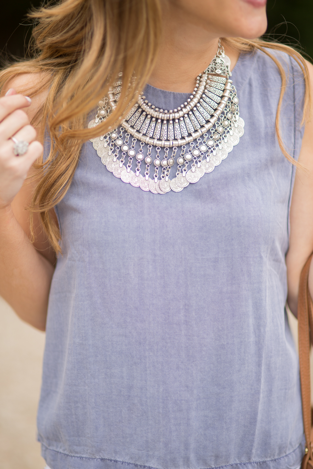 sleeveless chambray top + silver coin boho statement necklace + cognac tote summer outfit