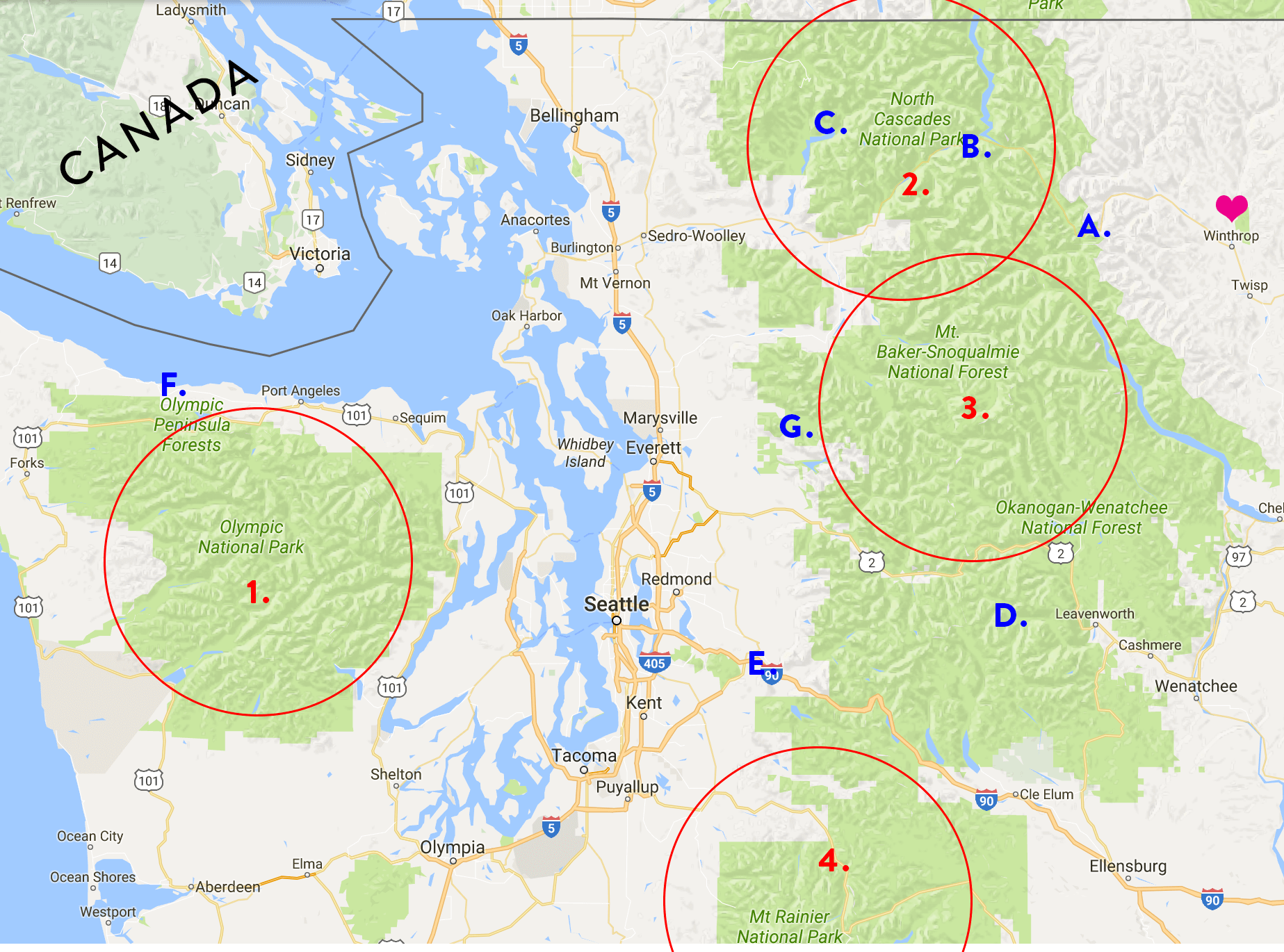 Map of Washington State's National Parks and Hikes we were considering