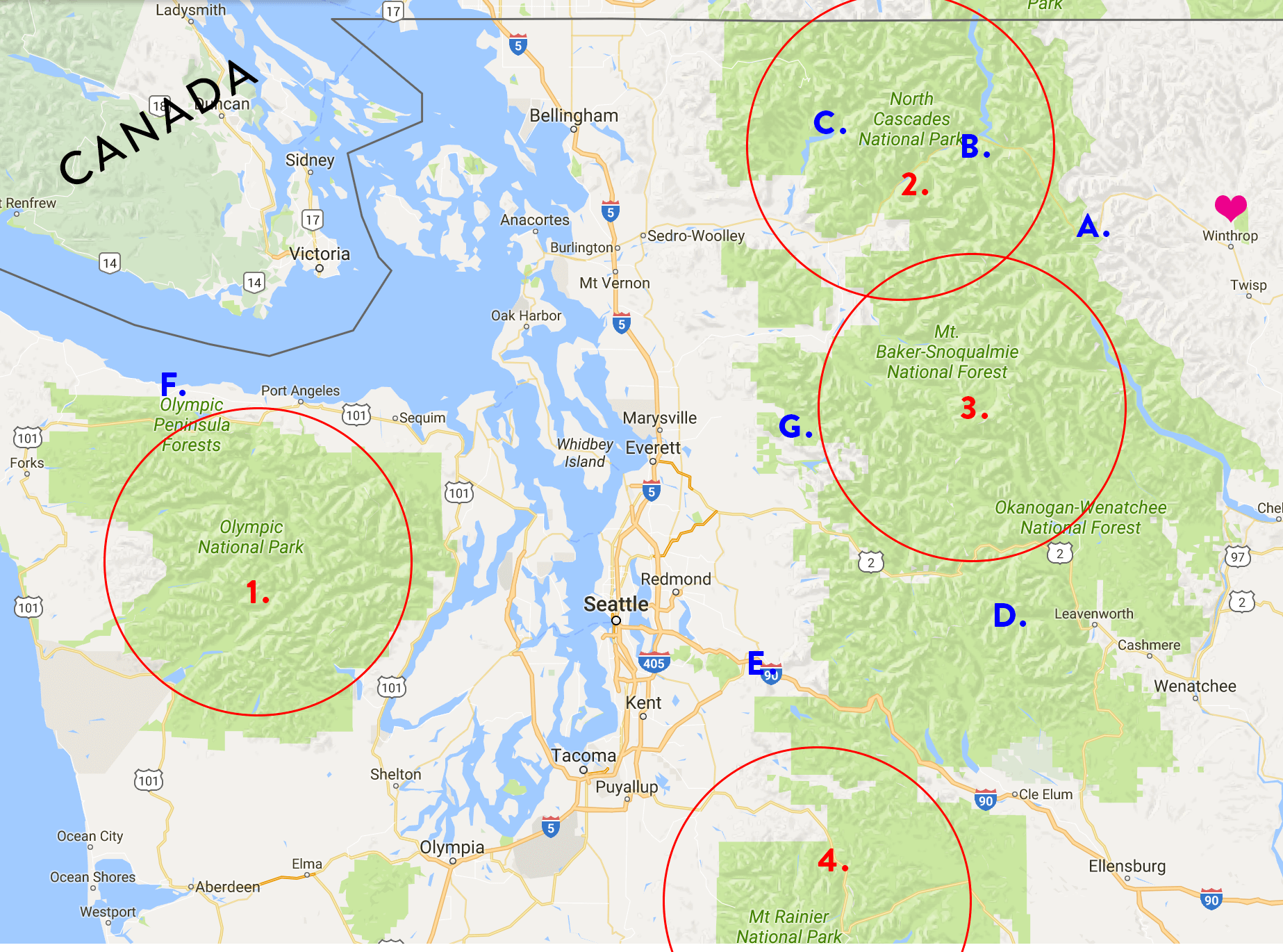 Map of Washington State's National Parks and Hikes we were considering Map of Washington State's National Parks and Hikes we were considering