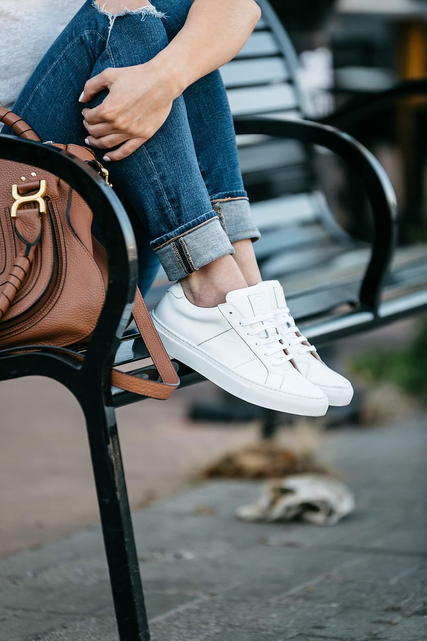 what to wear to baseball game, greats sneakers, white tee, AG distressed denim, chloe bag