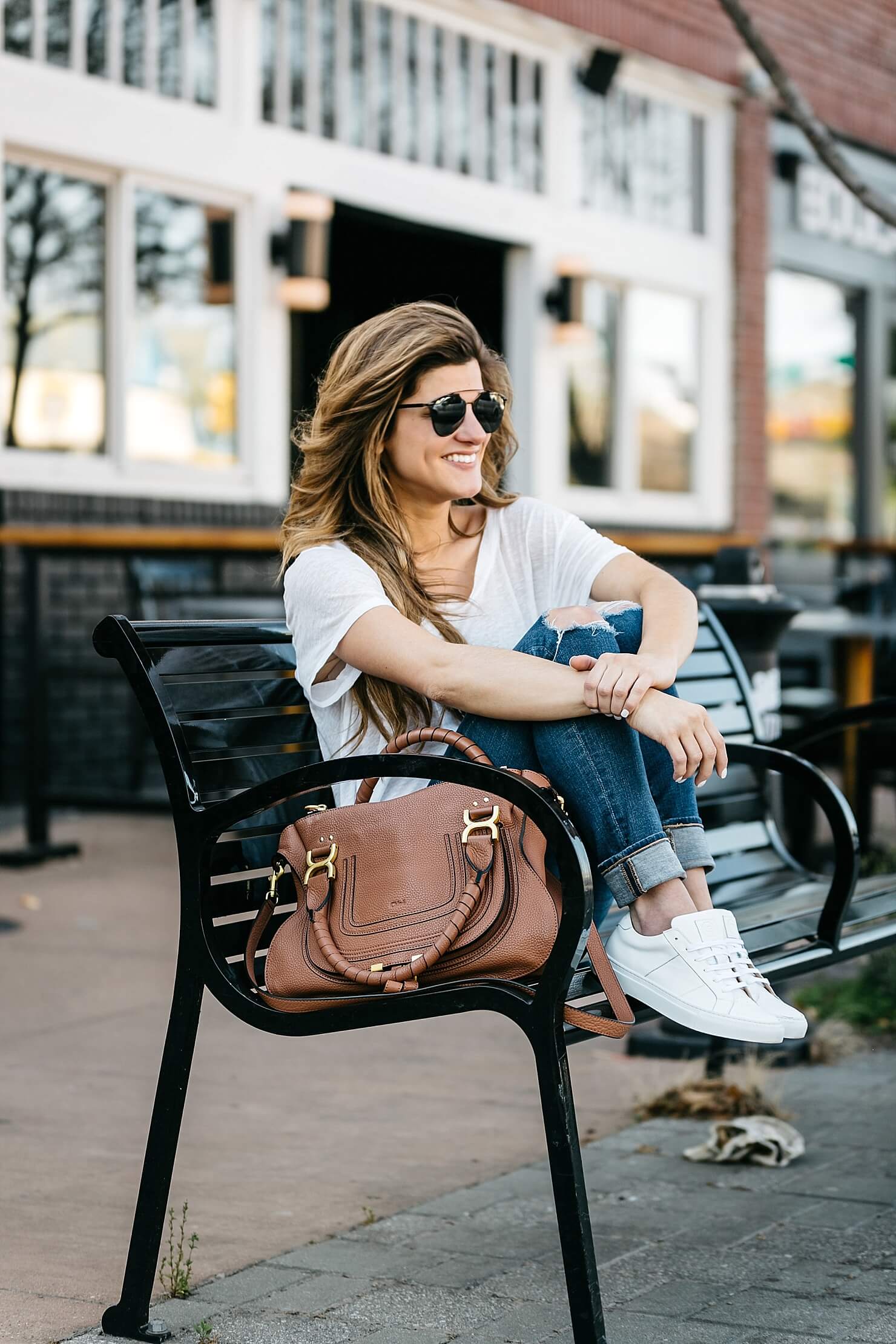 what to wear to baseball game, greats sneakers, white tee, AG distressed denim, chloe bag