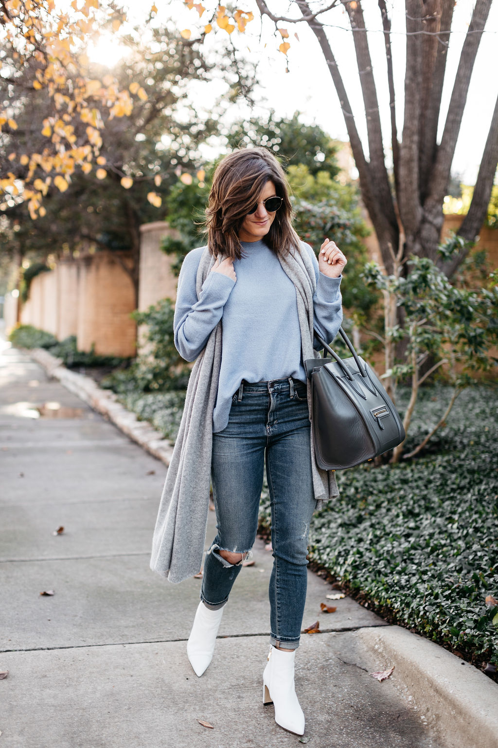 white booties outfit blue sweater grey cashmere scarf grey celine bag 1