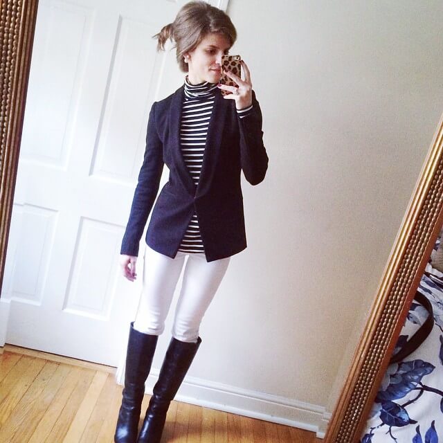 white jeans outfit, black riding boots, black blazer, striped turtleneck