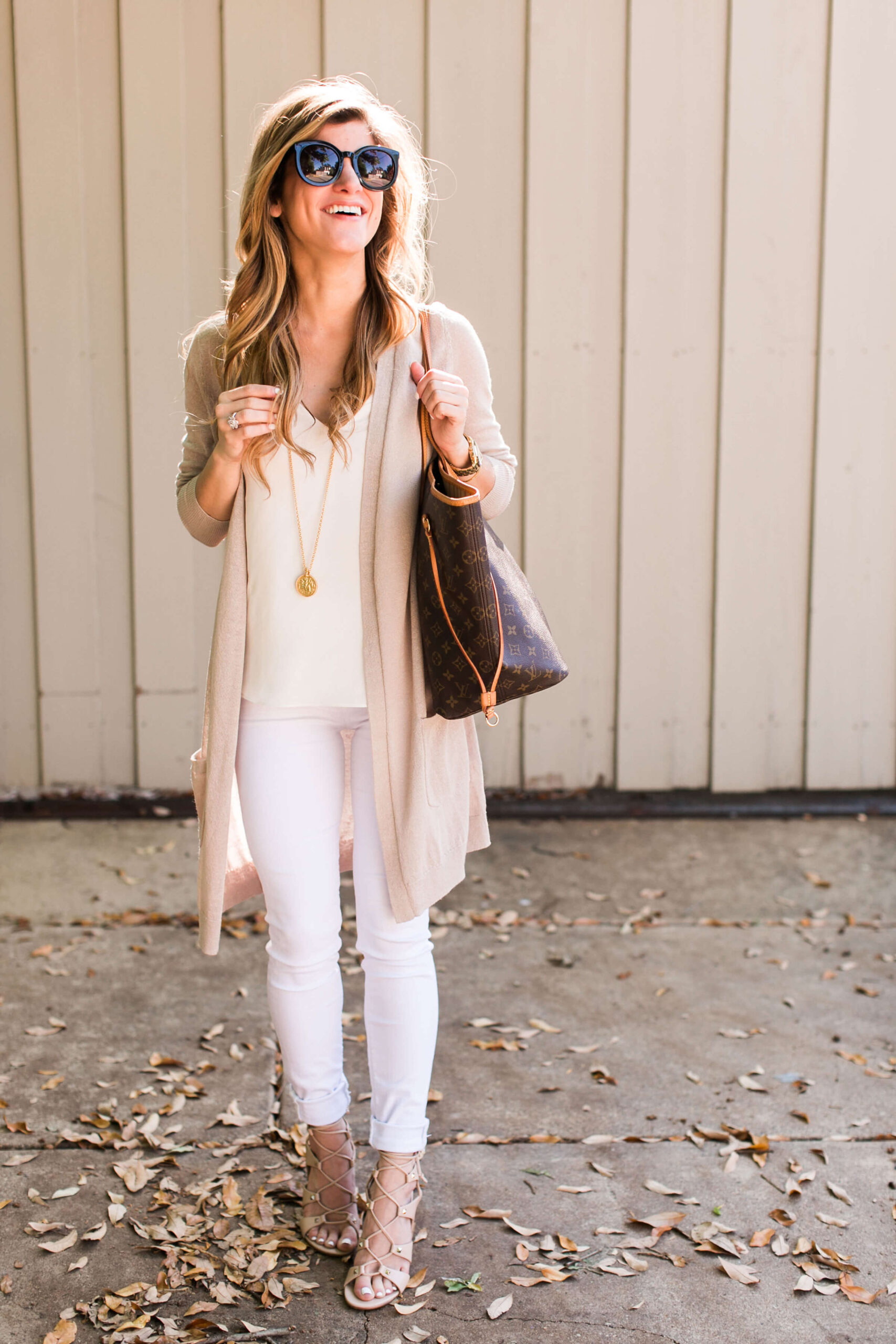 hudson white jeans + toyshop camisole + halogen long cardigan + ivanka trump lace up sandals + long necklace + LV never full tote + karen walker super duper sunglasses