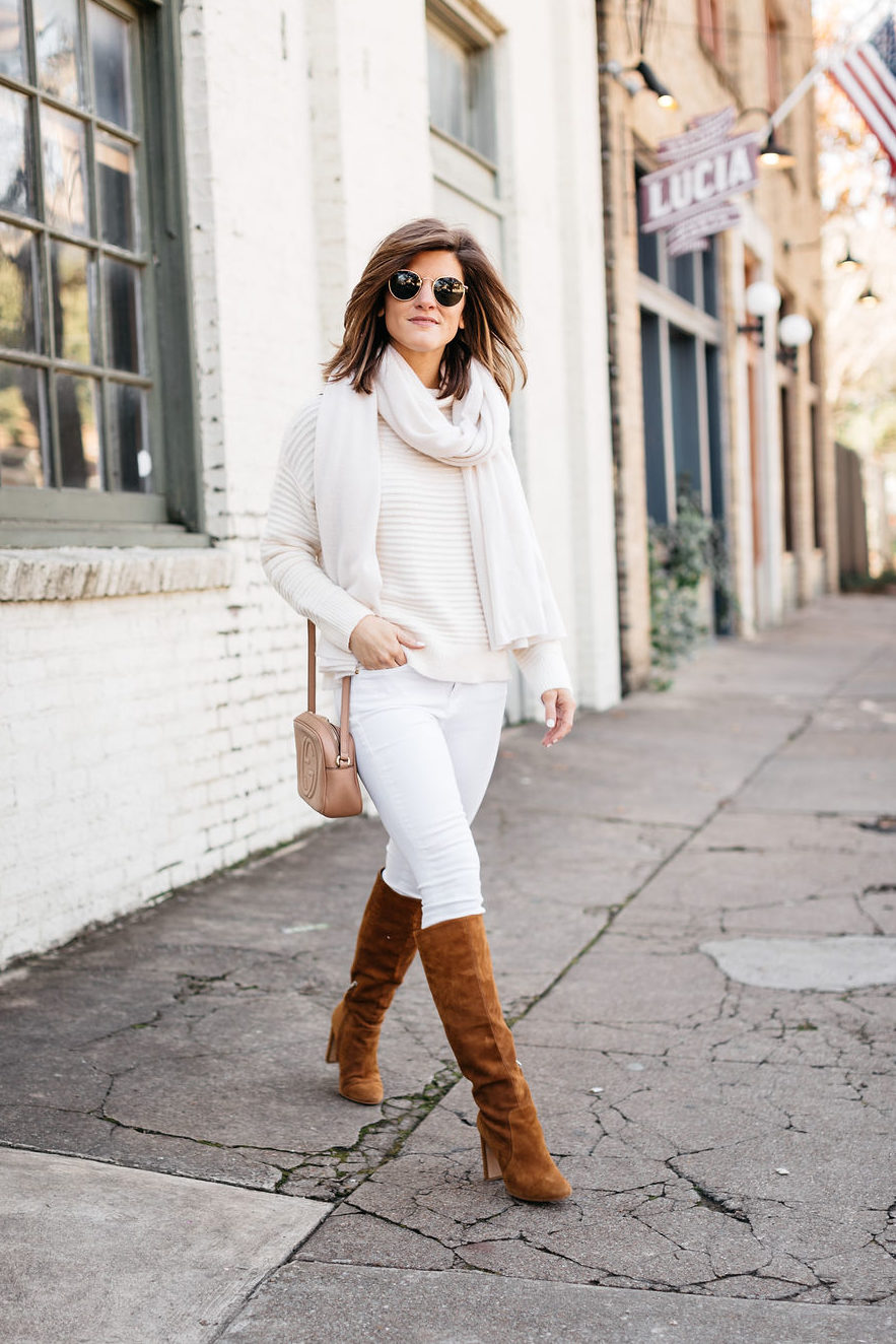 winter white outfit, brighton keller wearing white jeans and cream sweater monochromatic outfit