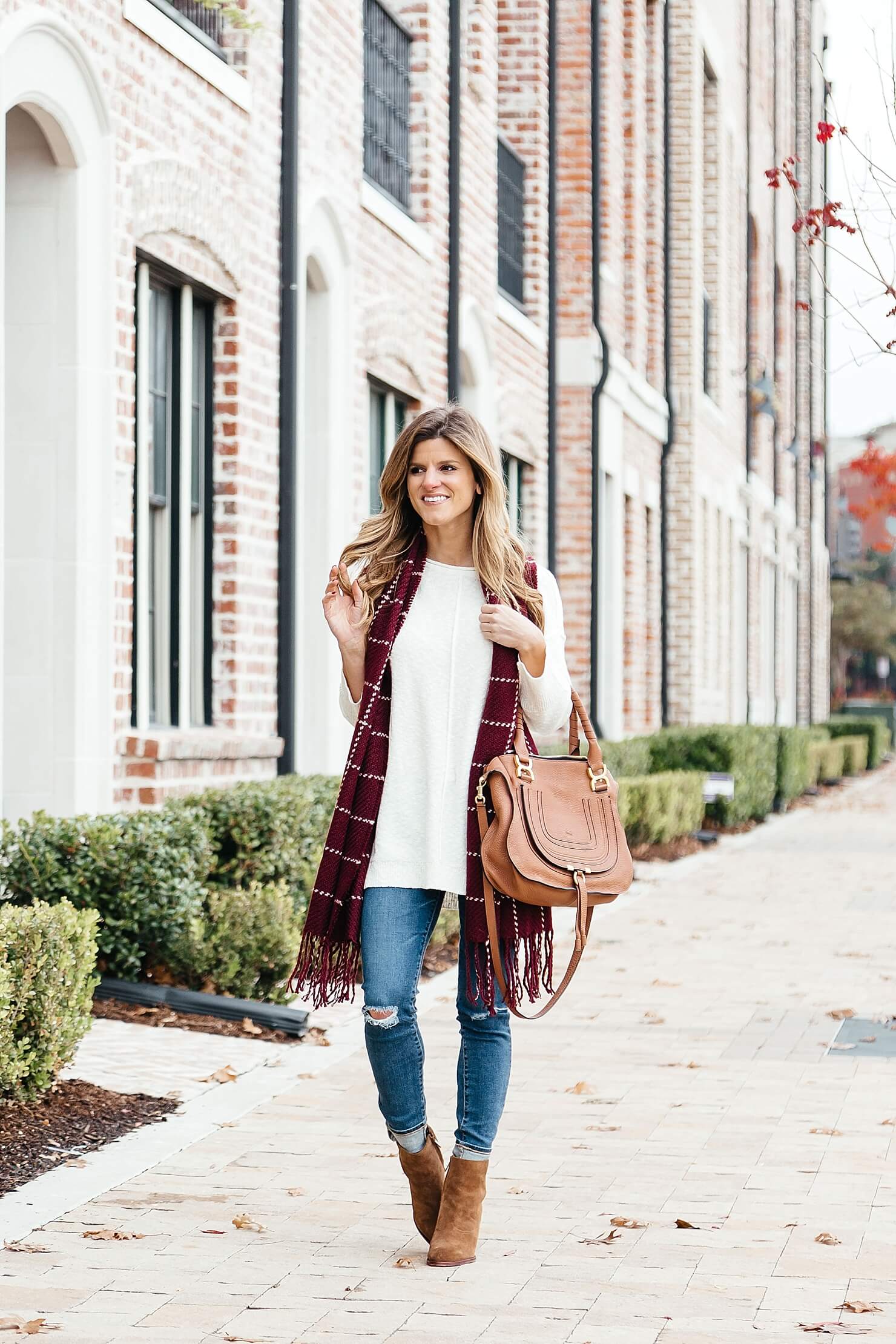 fall outfit, cream tunic sweater, burgundy sweater, chloe marcie bag tan, casual outfit idea